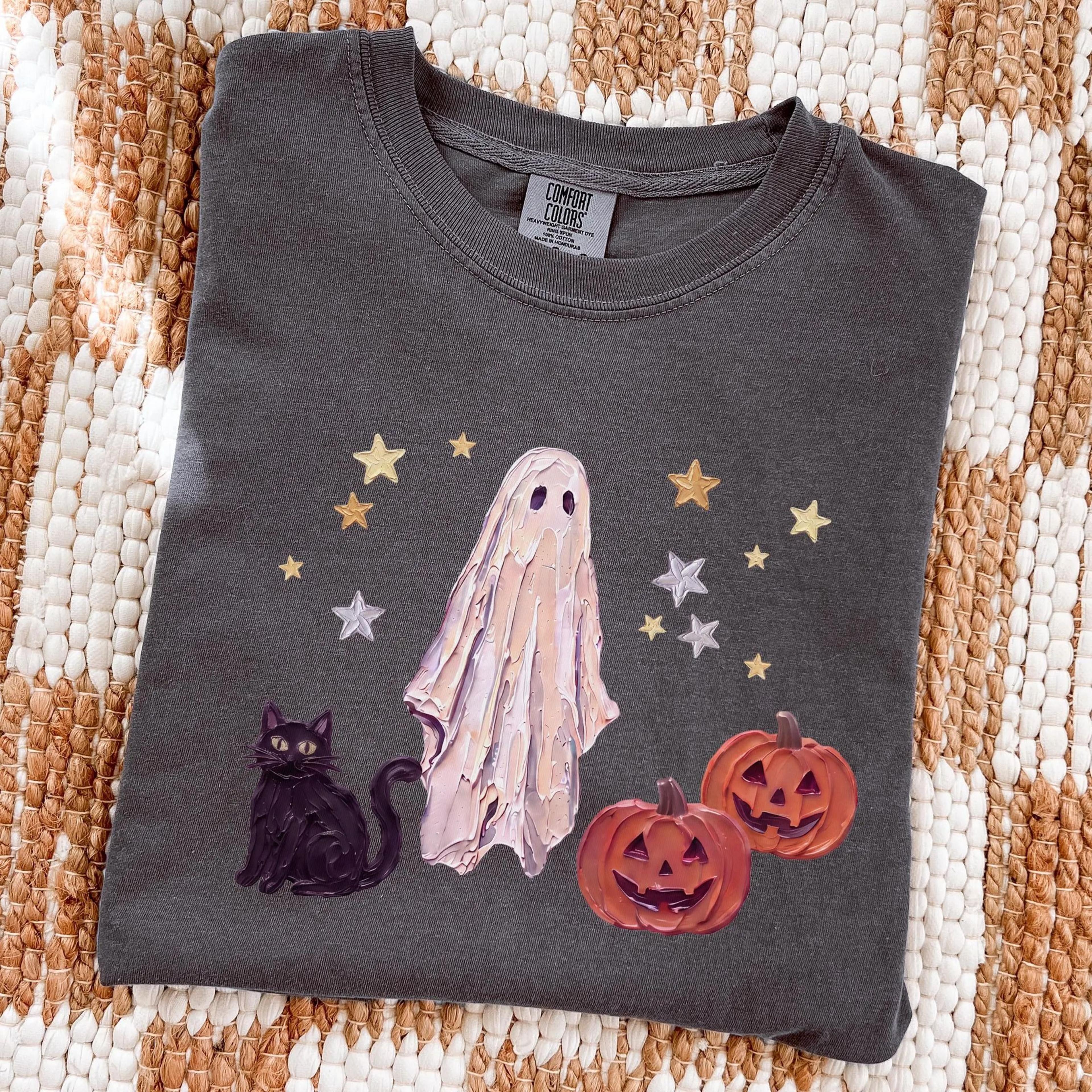 shirt, halloween black cat ghost shirt, ghost pumpkin t shirt cute ghost shirt, fall gifts for halloween