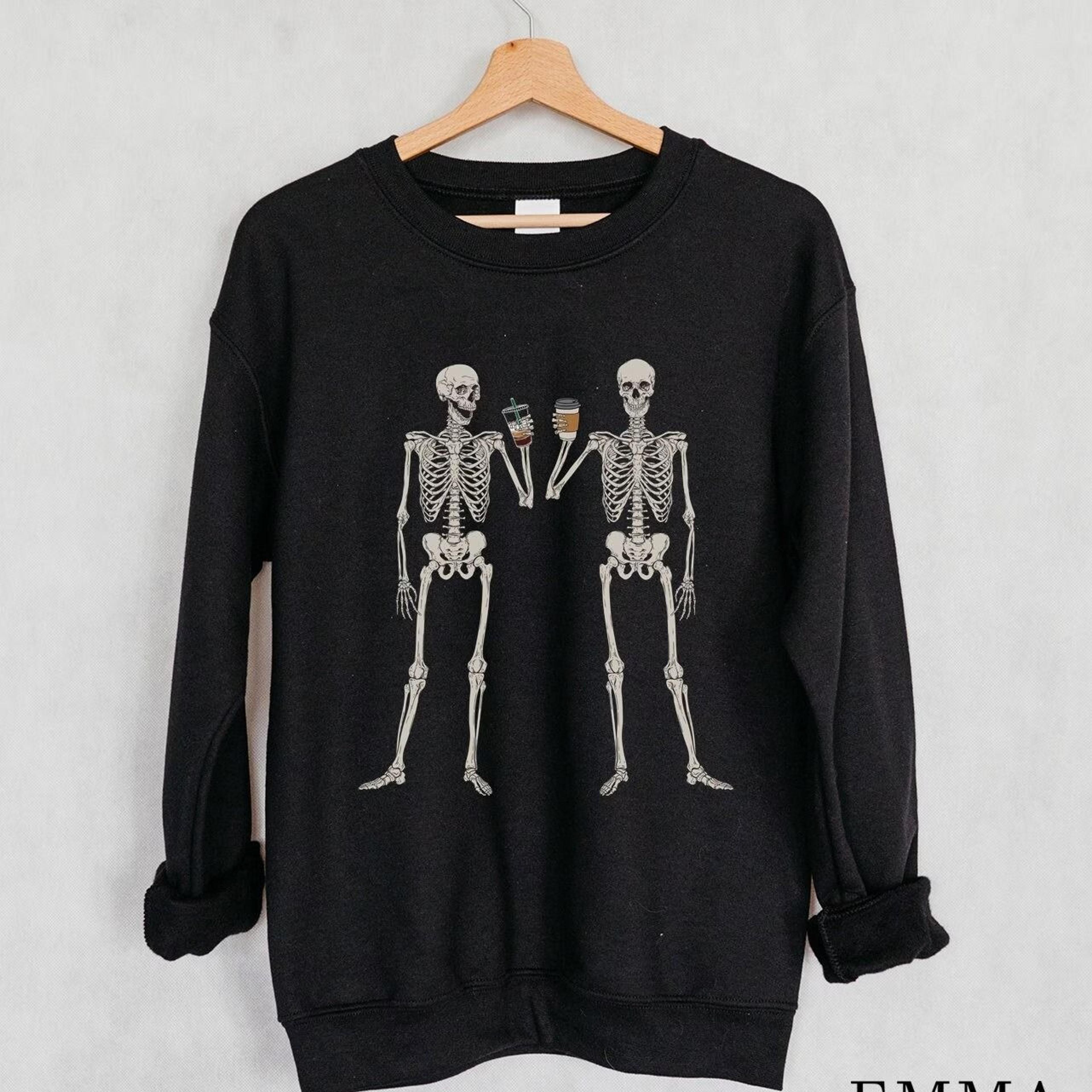 skeleton drinking coffee sweatshirt, skeleton sweatshirt, halloween crewneck sweatshirt, halloween sweater, skeleton shi