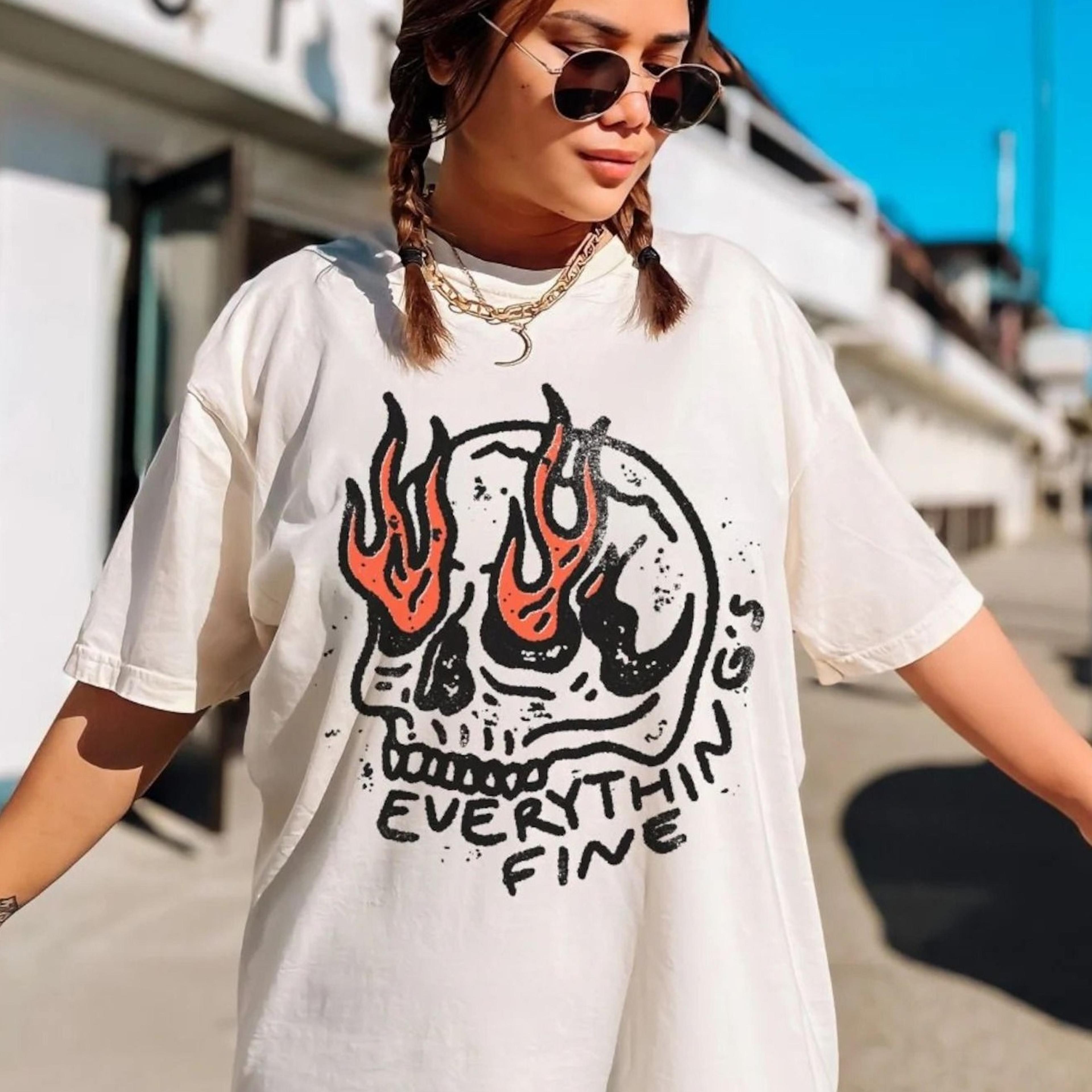 everything is fine shirt, retro grunge tshirt, boho hippie shirt, funny skeleton shirt, festival shirt