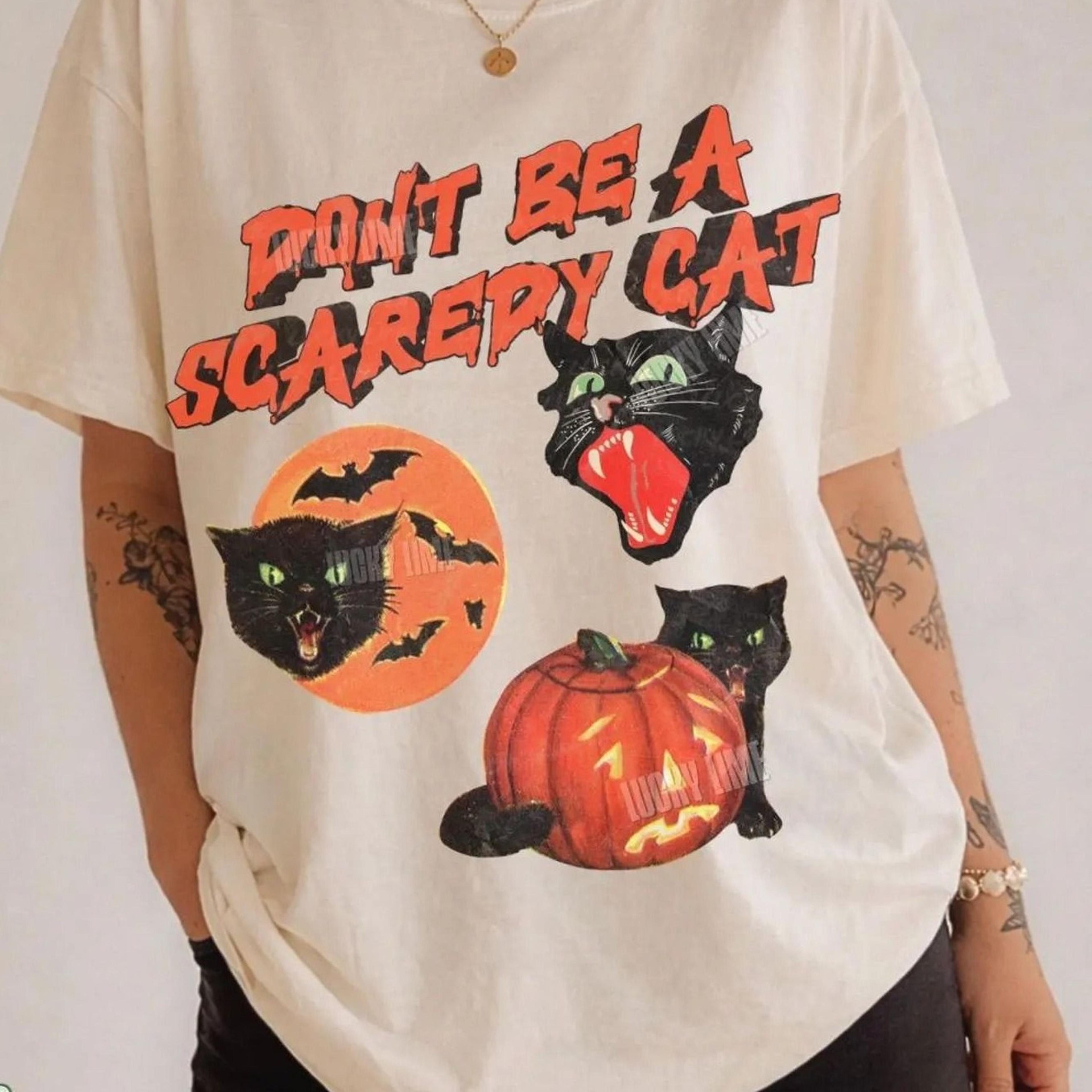 black cat pumpkin shirt don't be a scaredy cat shirt, retro vintage halloween tshirt, spooky season tee, cat lover gift
