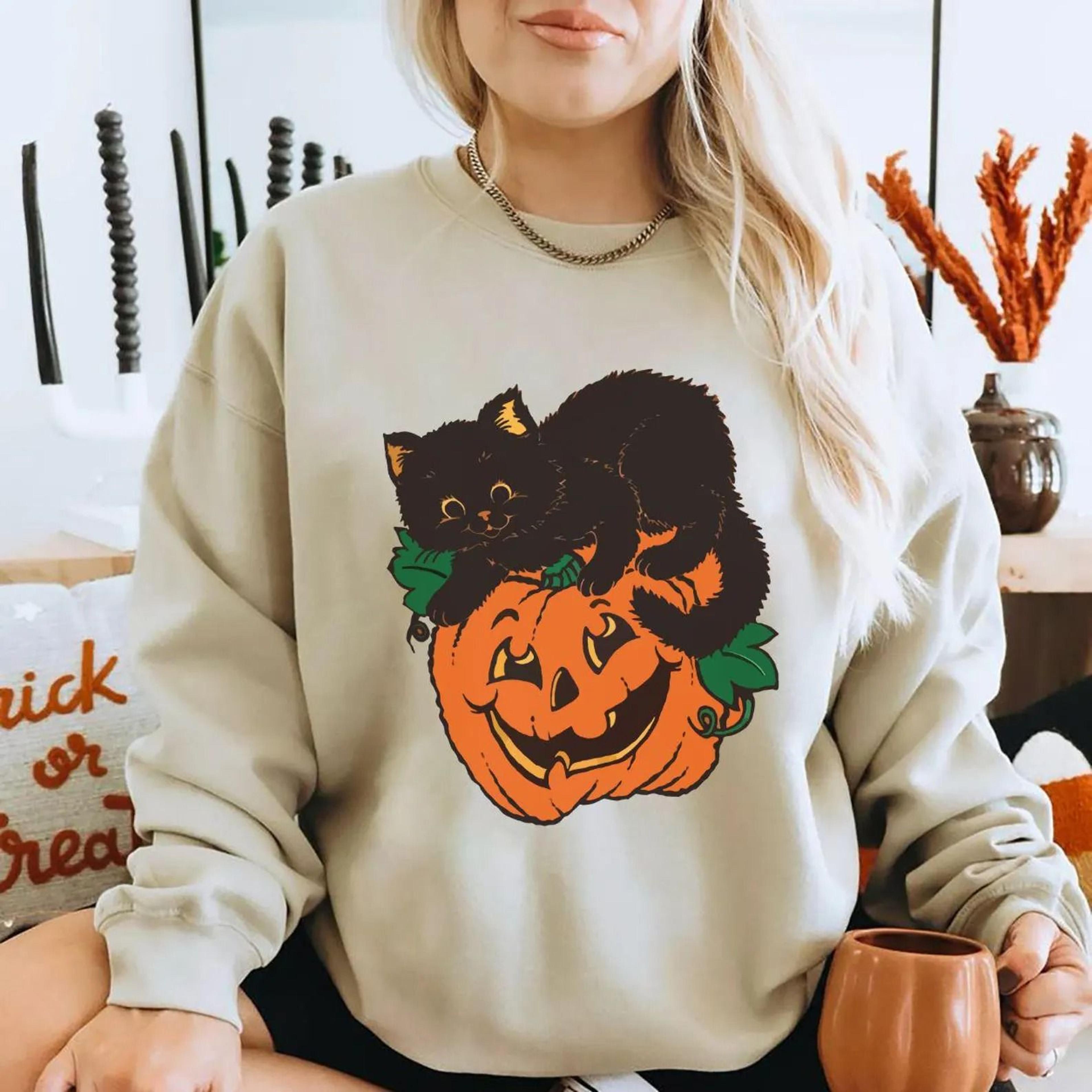 retro black cat pumpkin sweatshirt, 90s halloween shirt, pumpkin cat sweater, vintage autumn shirt