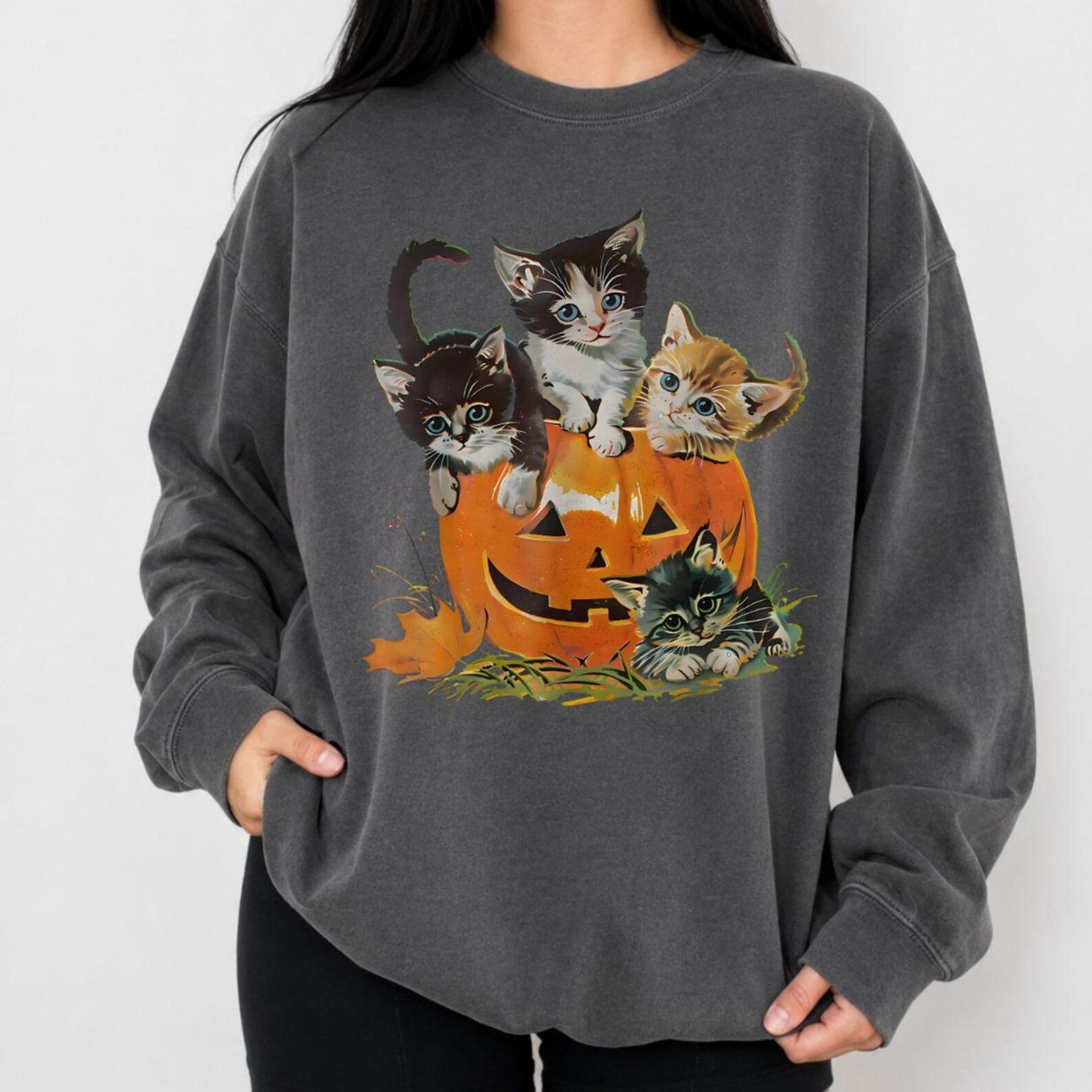 retro cat pumpkin sweatshirt, 90s halloween shirt, pumpkin cat sweater, vintage autumn shirt