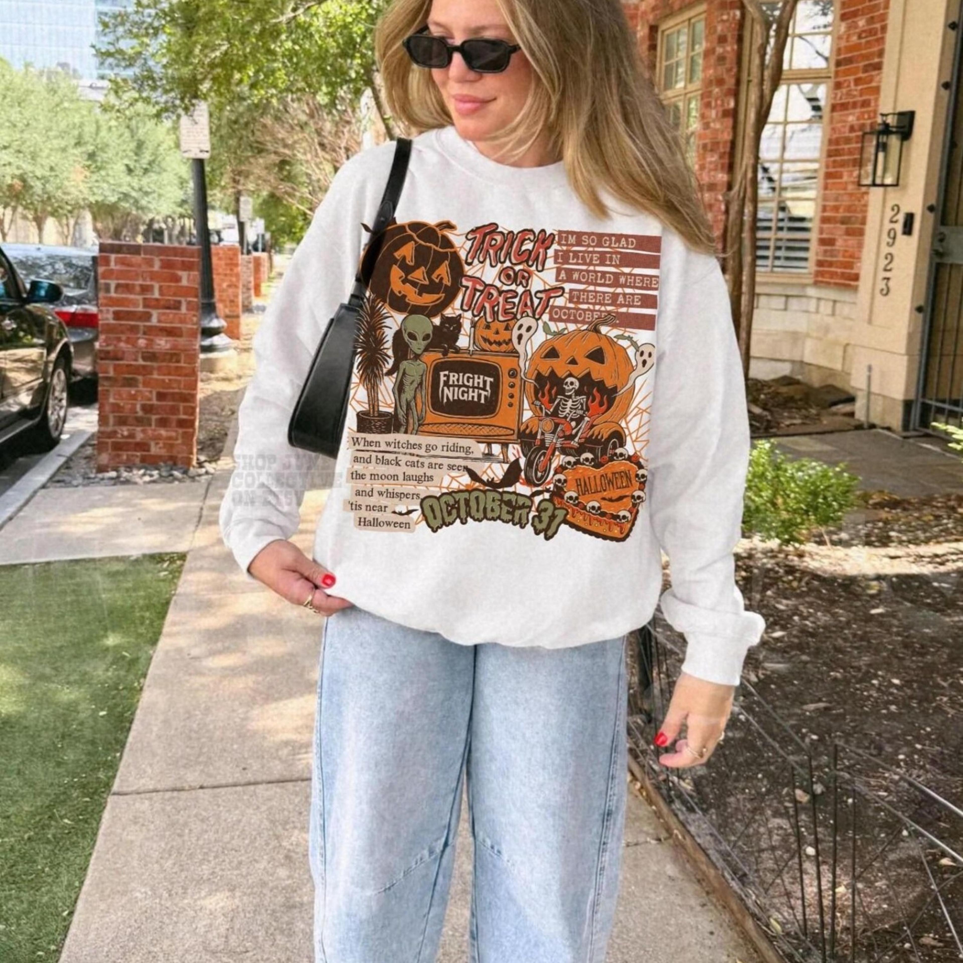 vintage halloween collage sweatshirt unisex grunge trick or treat halloween crewneck fright night ghost pumpkin shirt tr