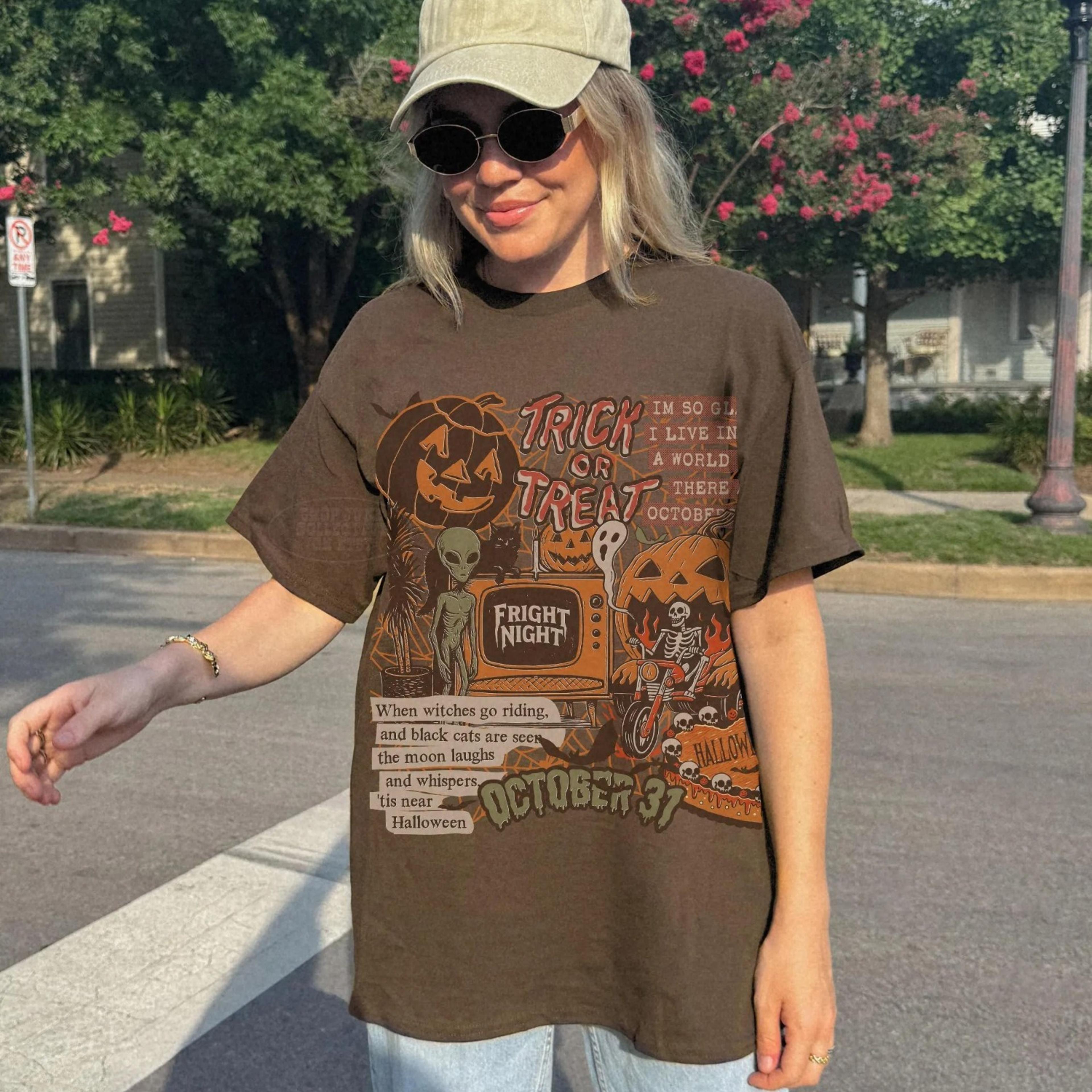 vintage halloween collage shirt unsx grunge trick or treat summerween party top fright night ghost pumpkin shirt skeleto