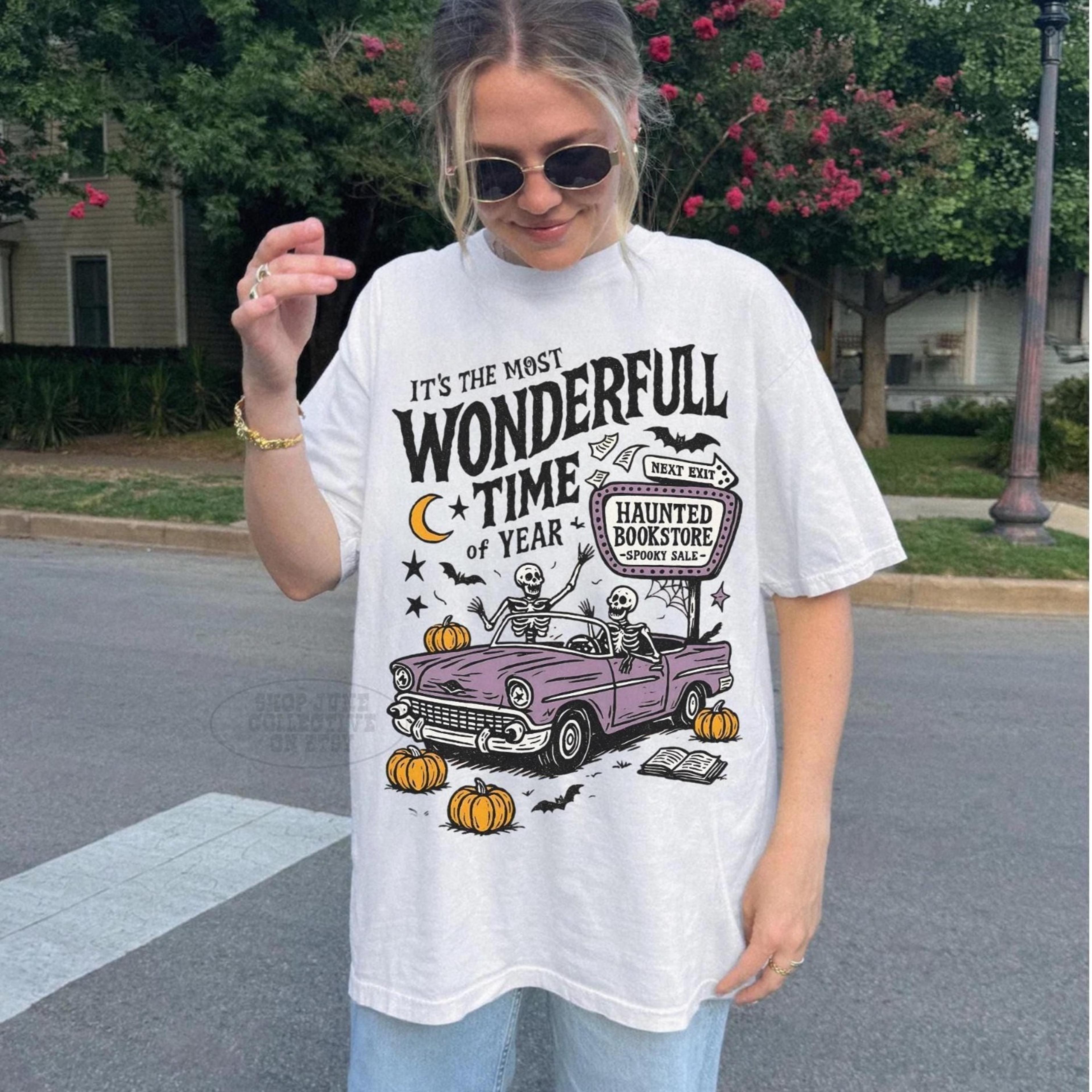 haunted bookstore shirt trendy bookish halloween dancing skeleton spooky wonderful time of th year