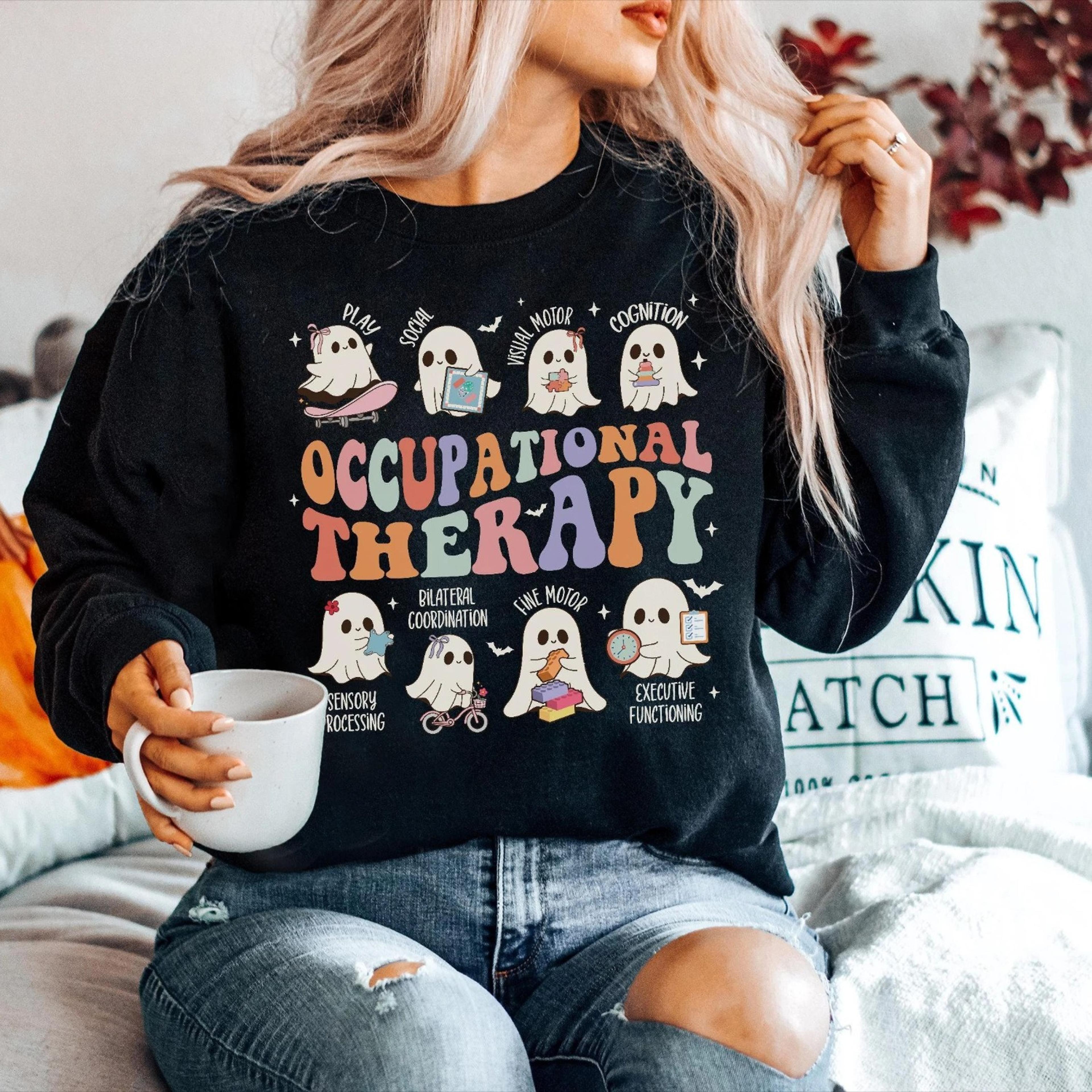 retro occupational therapy halloween sweatshirt ot halloween crew neck coquette ghost sweatshirt ot sweatshirt occupatio