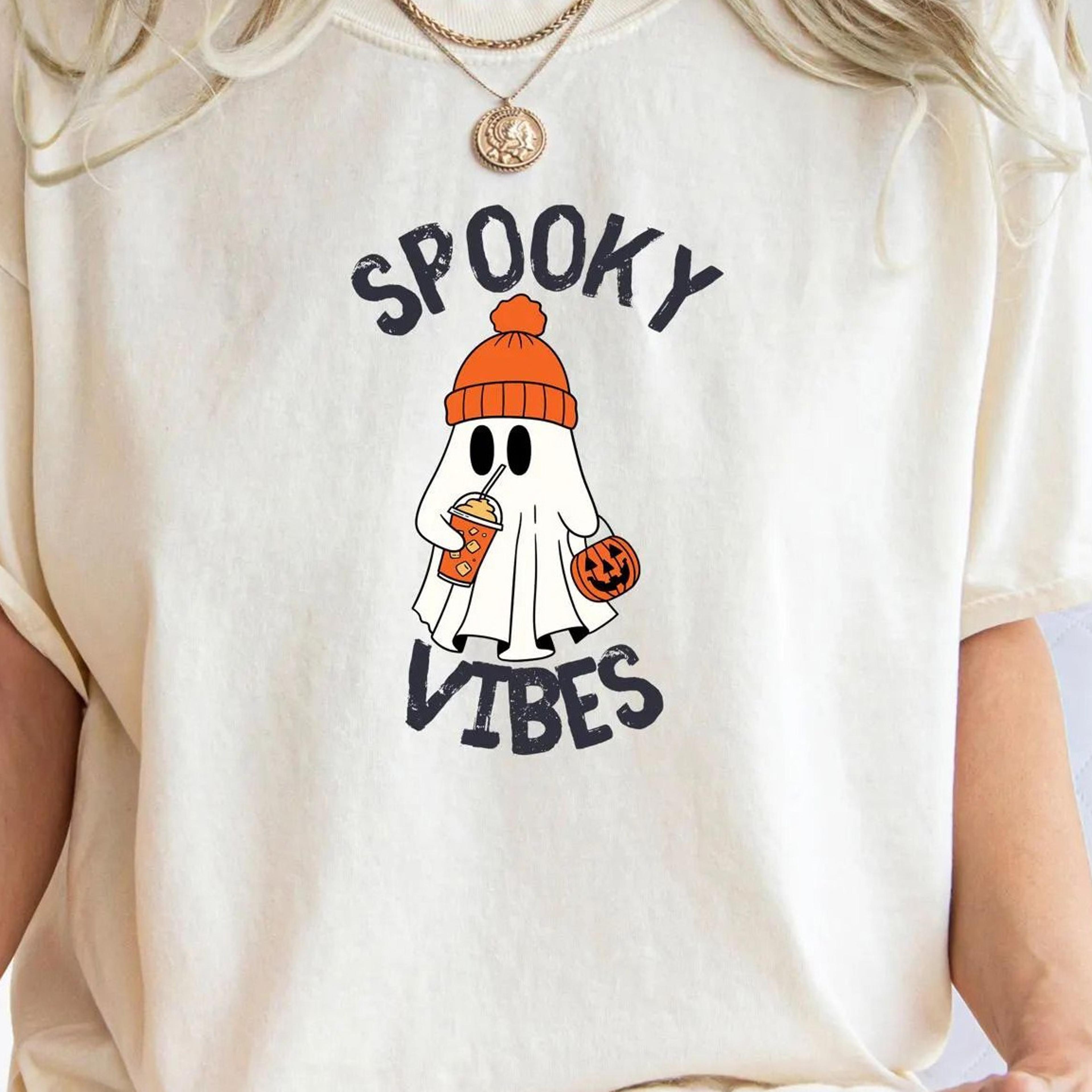 spooky vibes shirt, halloween coffee tee, cute fall ghost gift