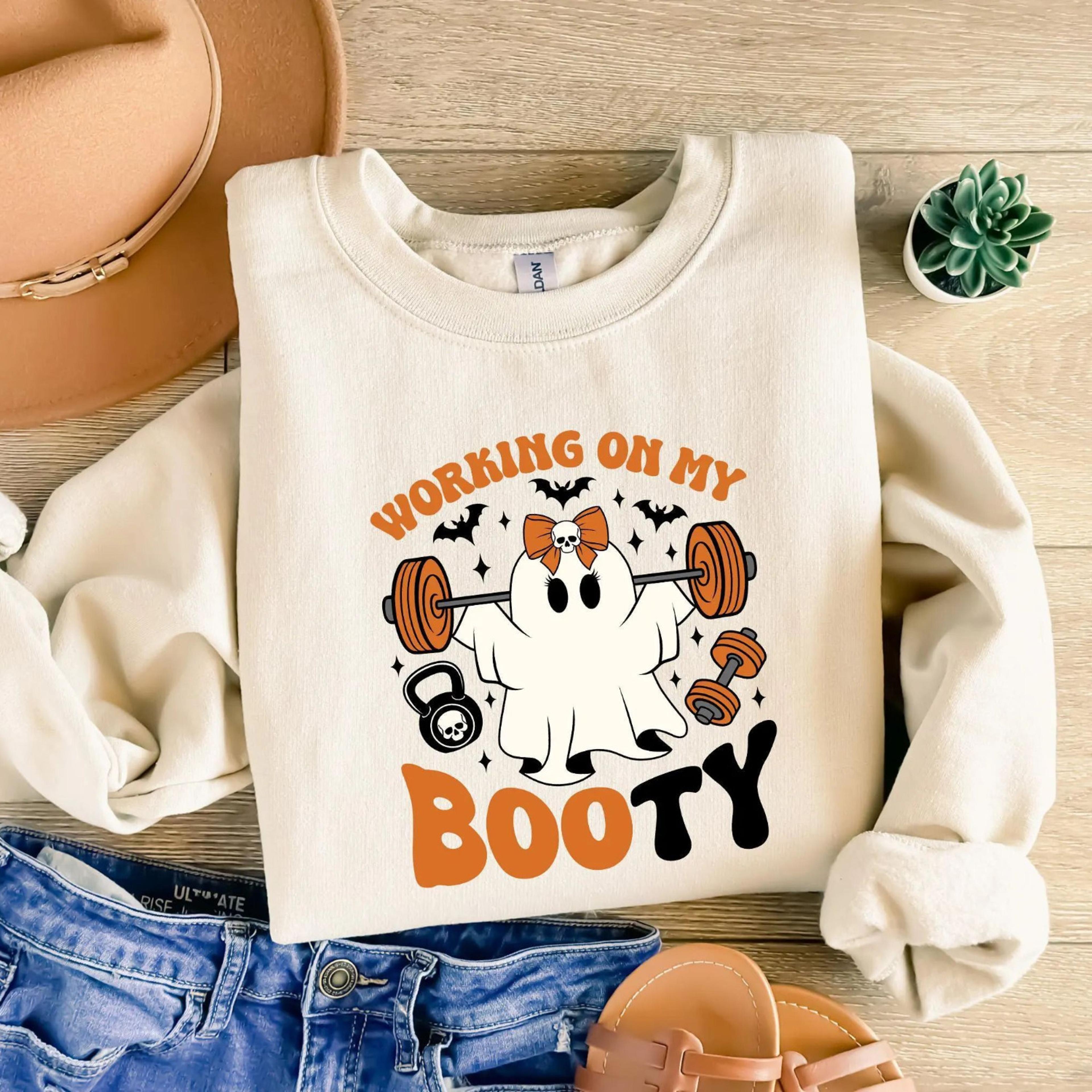 working on my booty shirt cute ghost halloween gym fitness graphic tee