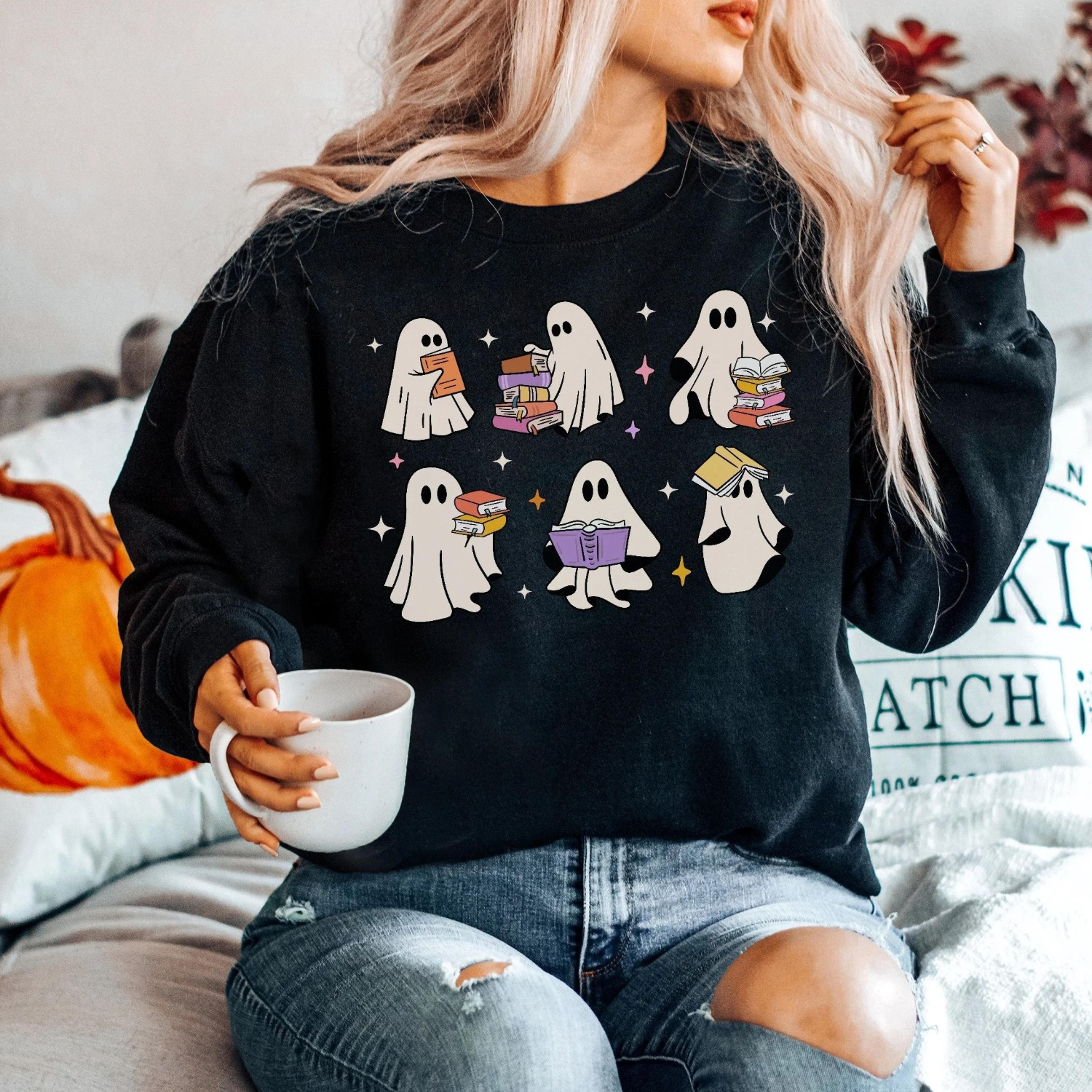 retro ghost reading books read more books sweater spooky teacher halloween crew neck bookworm sweatshirt library sweatsh