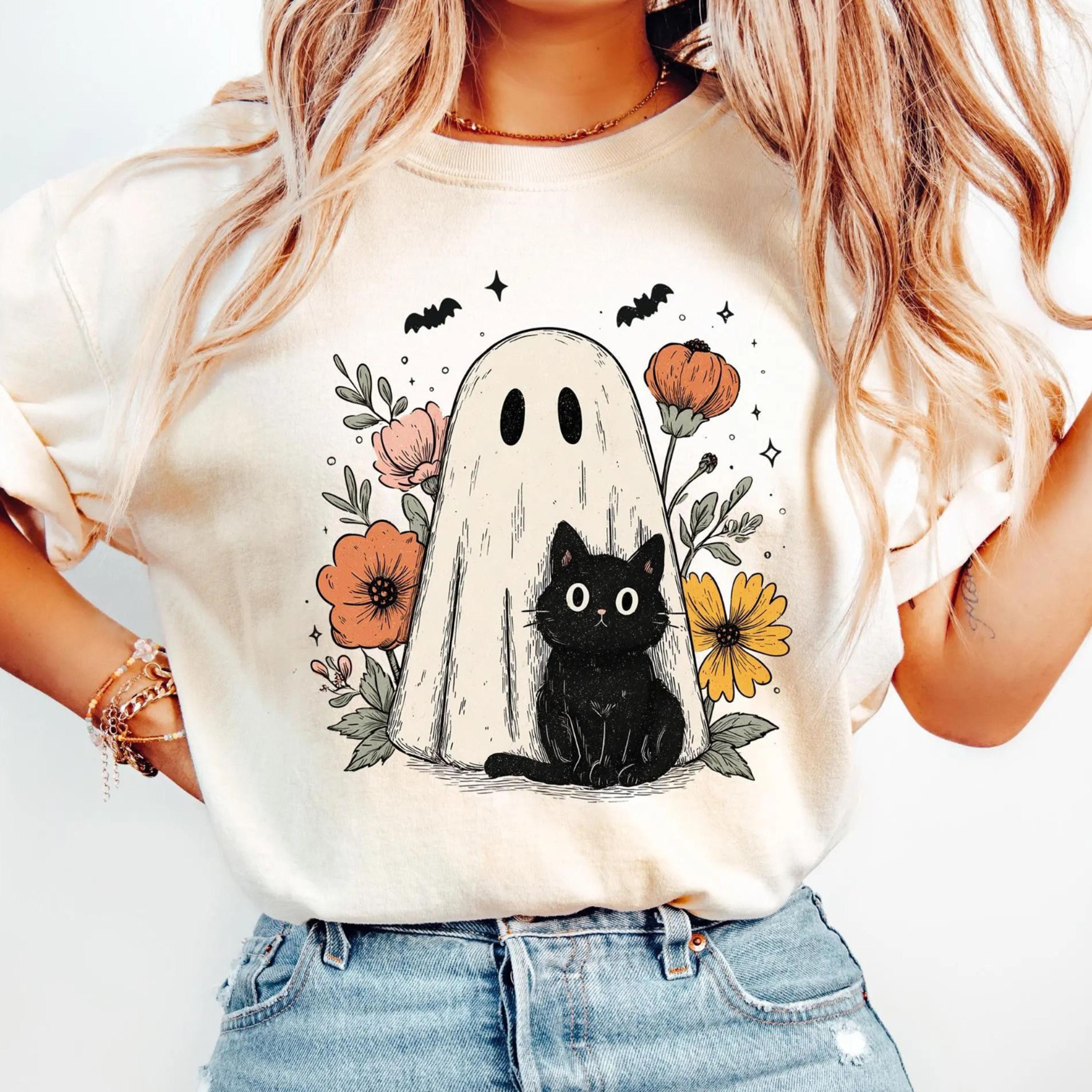 halloween ghost cat shirt spooky black cat floral botanical graphic tee
