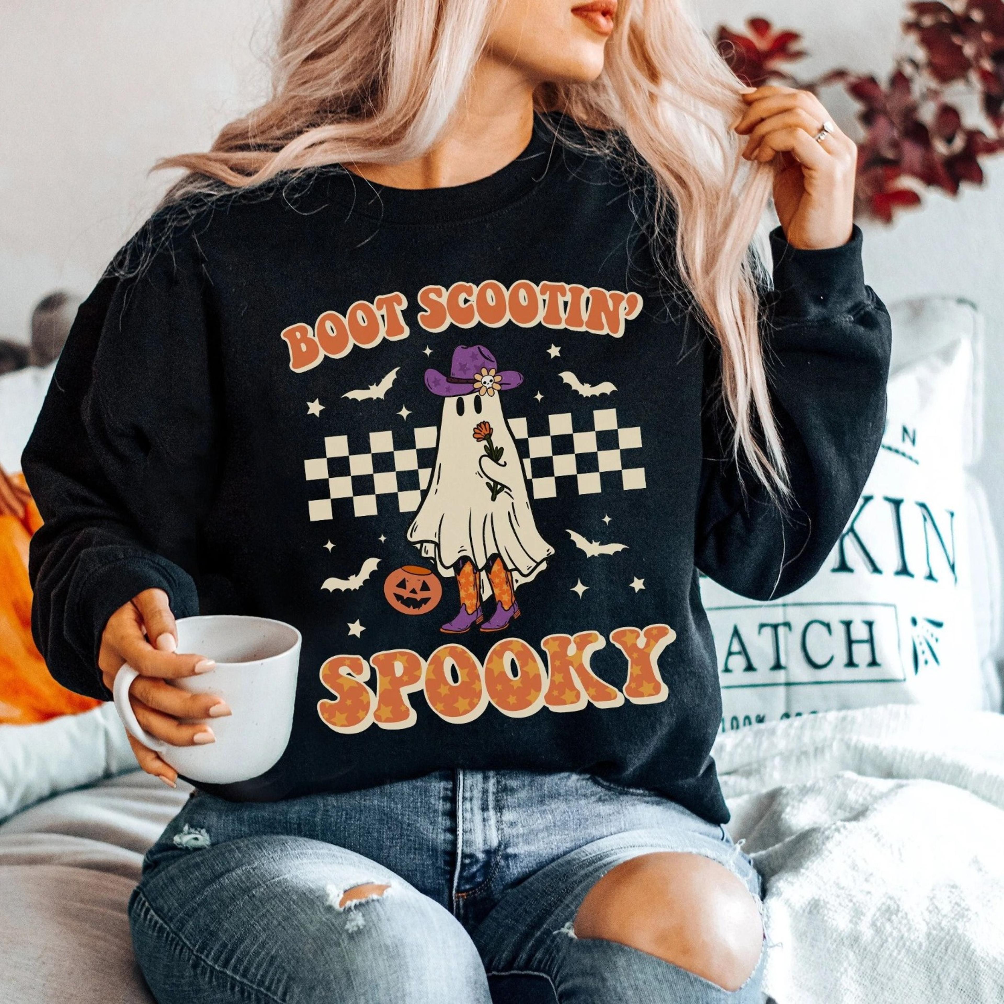 boot scootin spooky sweatshirt retro halloween crewneck cowgirl sweatshirt cowgirl howdy sweatshirt western swea