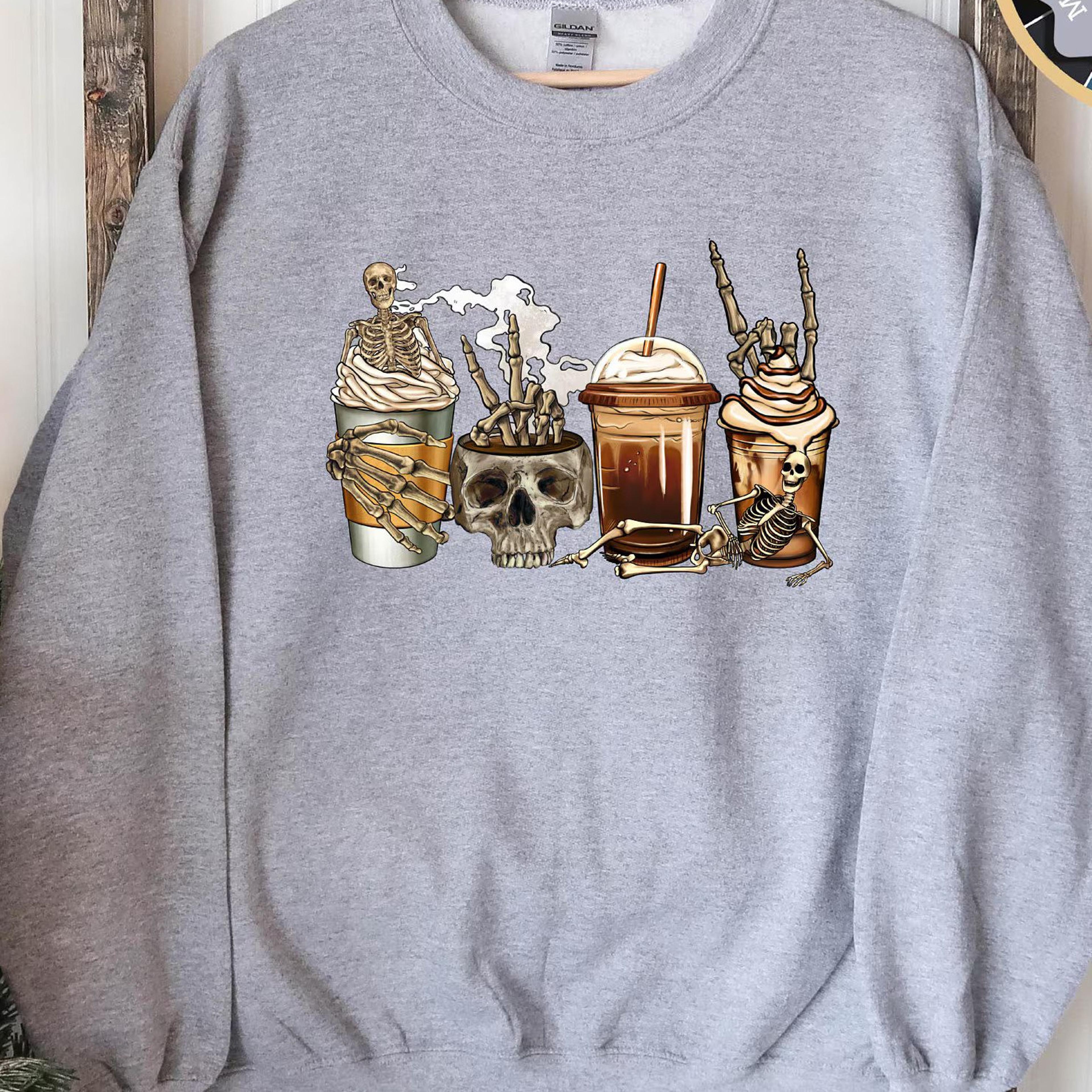 skeleton coffee cups sweatshirt spooky halloween coffee lover graphic