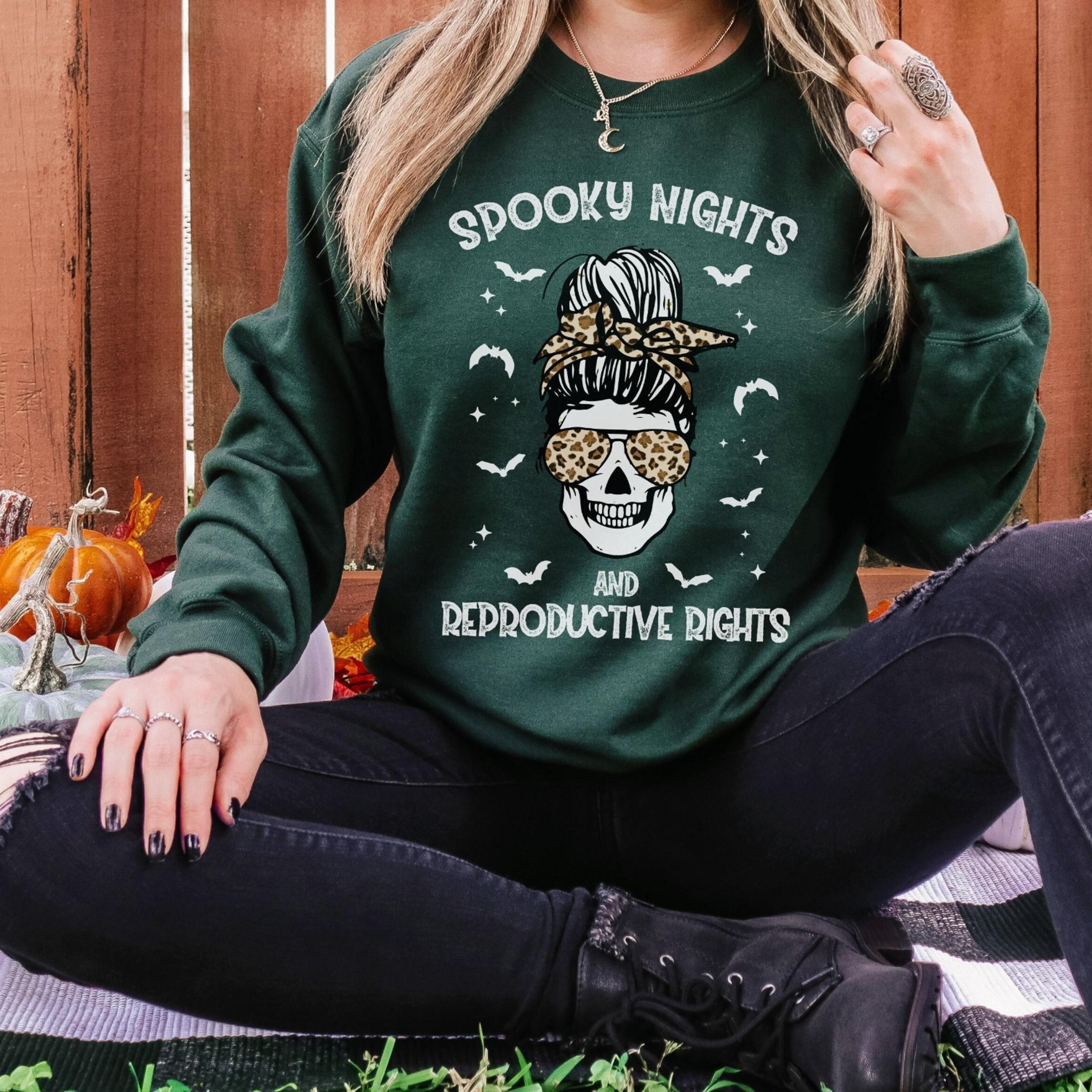 spooky nights and reproductive rights halloween crewneck skeleton sweater feminist sweatshirt pro roe sweatshirt 1973 sh
