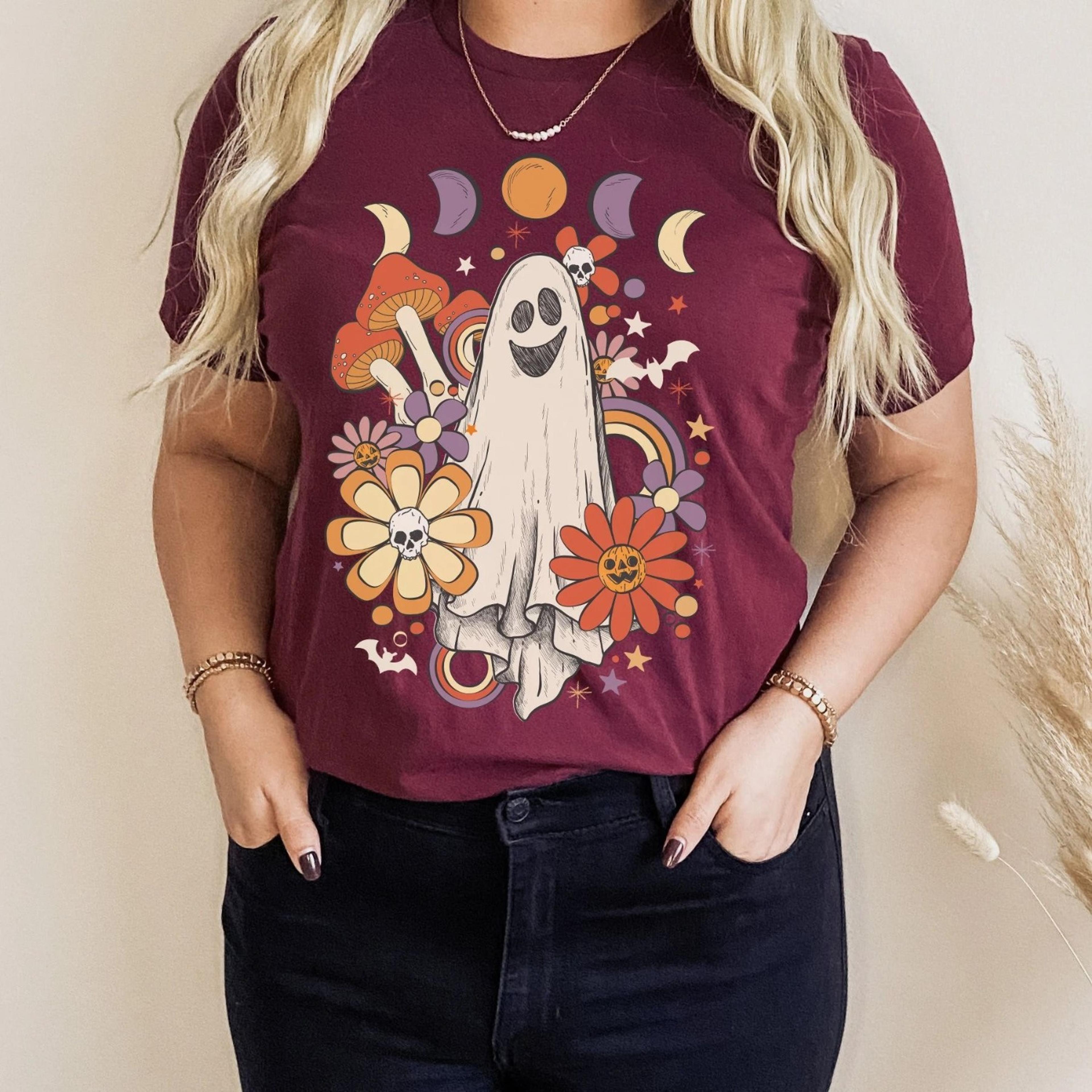 retro halloween shirt spooky season shirt groovy shirt mushroom shirt funny ghost shirt plus size halloween crewneck vin