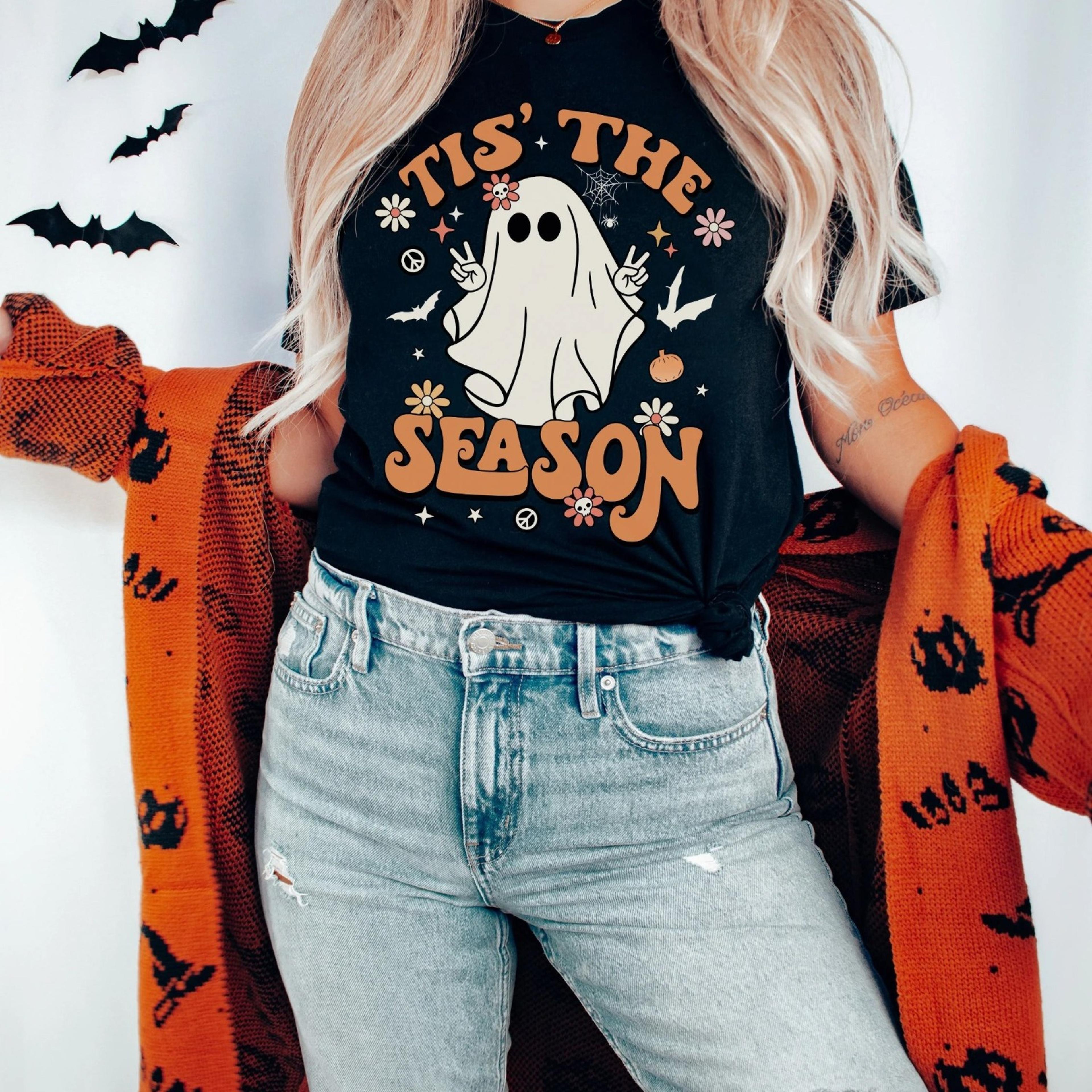 tis the season shirt retro halloween shirt funny ghost shirt spooky season shirt plus size halloween crewneck fall appar