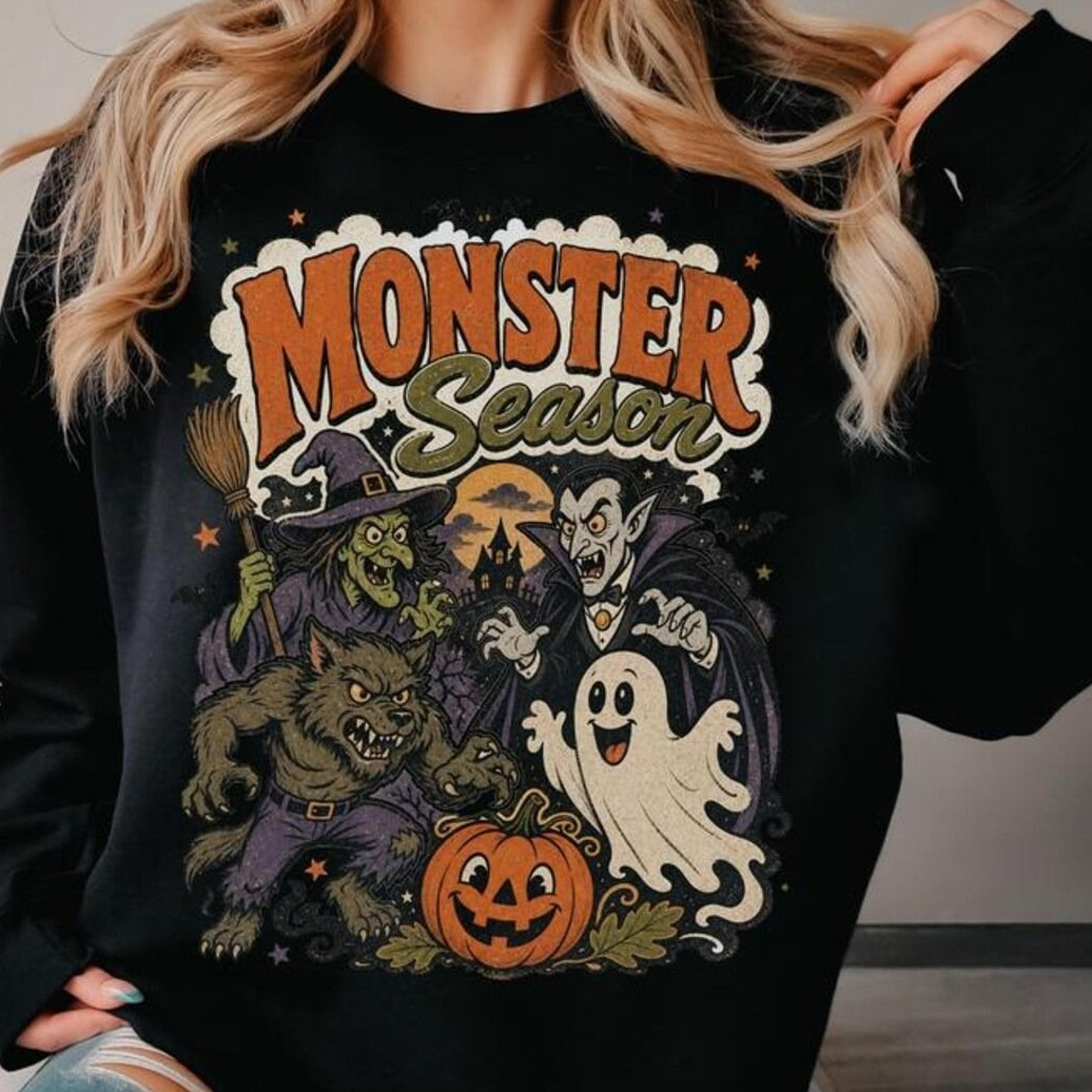 monster season retro halloween sweatshirt, vintage spooky crewneck, witch ghost vampire pullover, retro fall sweatshirt