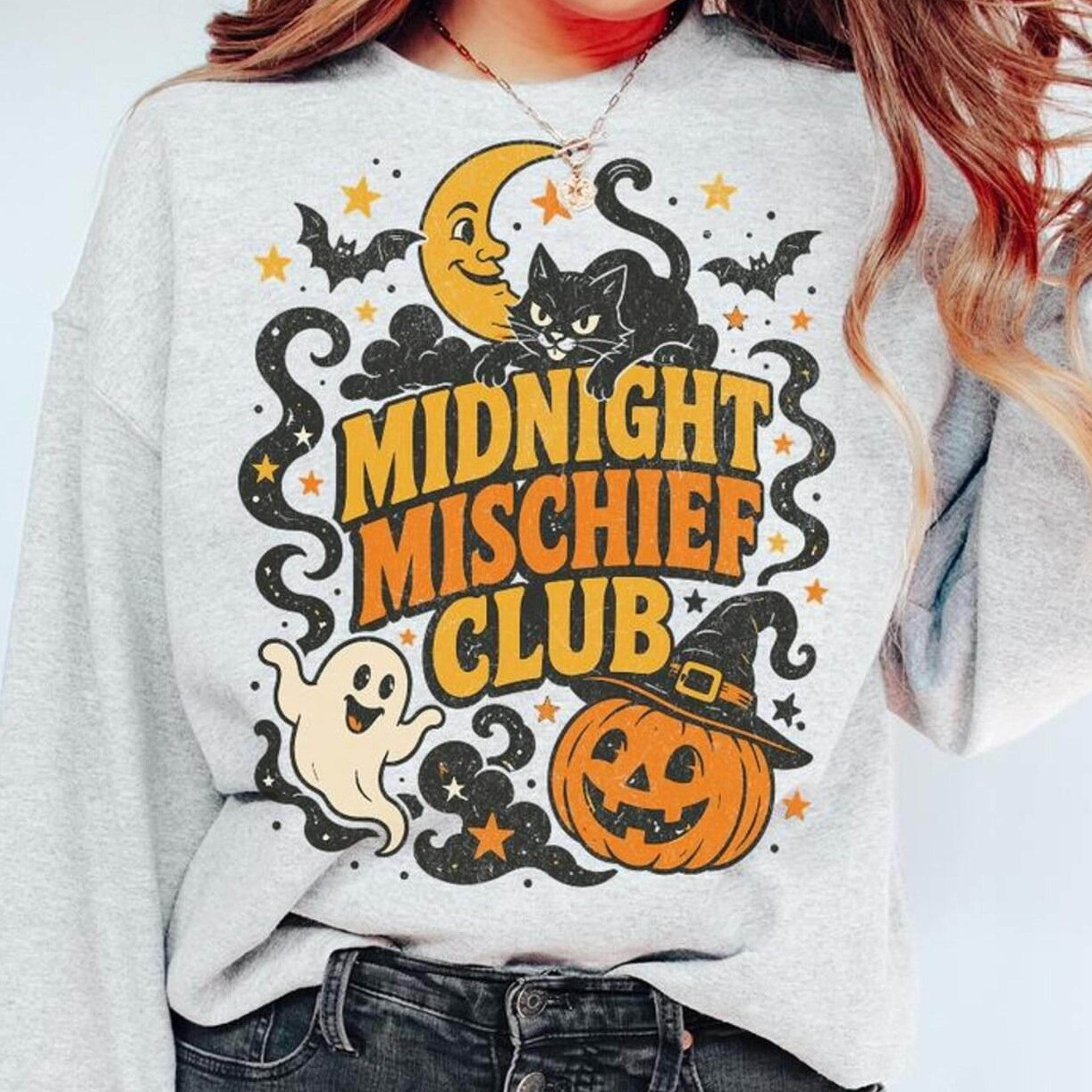 retro vintage halloween sweatshirt, midnight mischief club, spooky crewneck, black cat pumpkin pullover, ghost retro hal