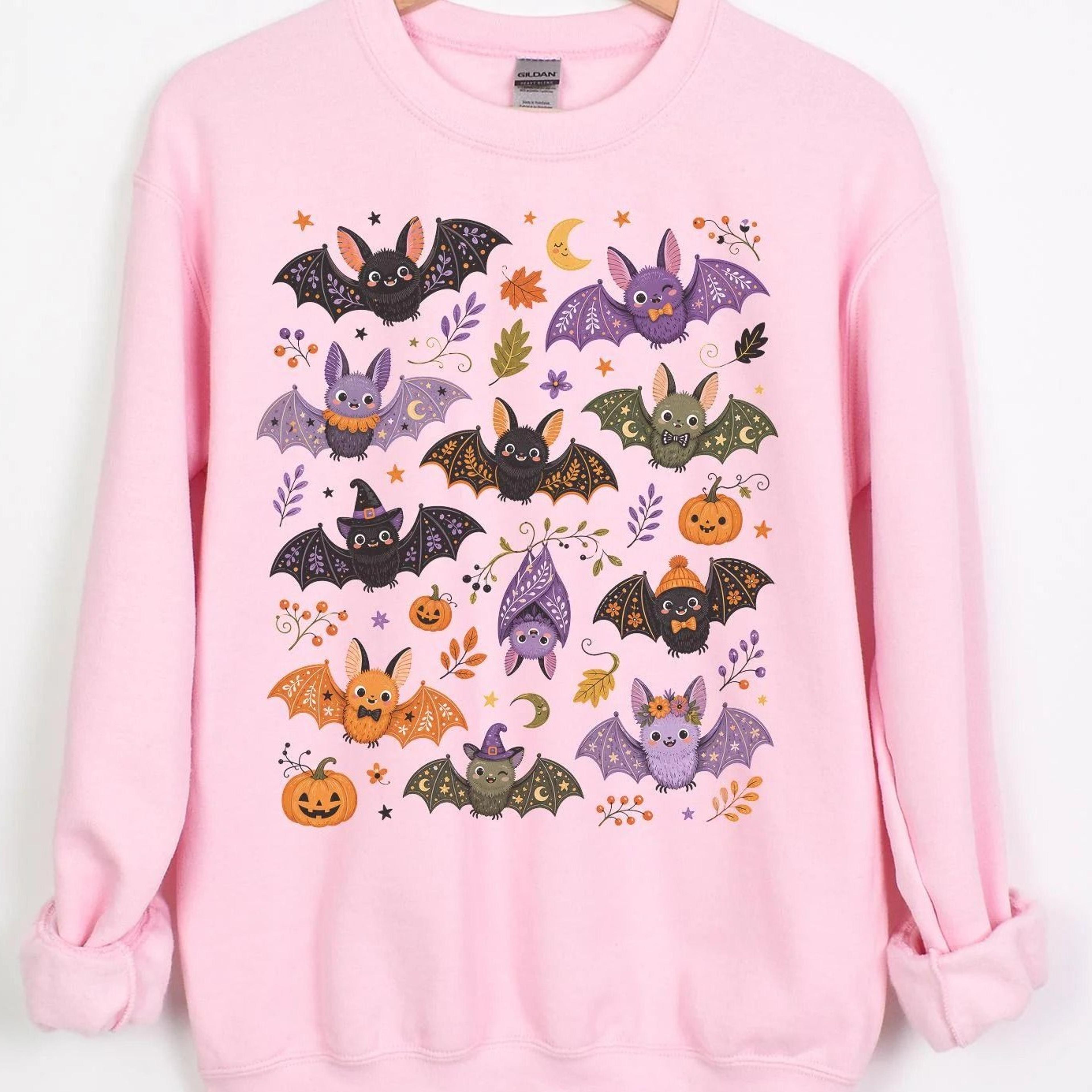 cute bat halloween sweatshirt, whimsical fall crewneck, spooky season pullover, pumpkin and bat cozy sweatshirt