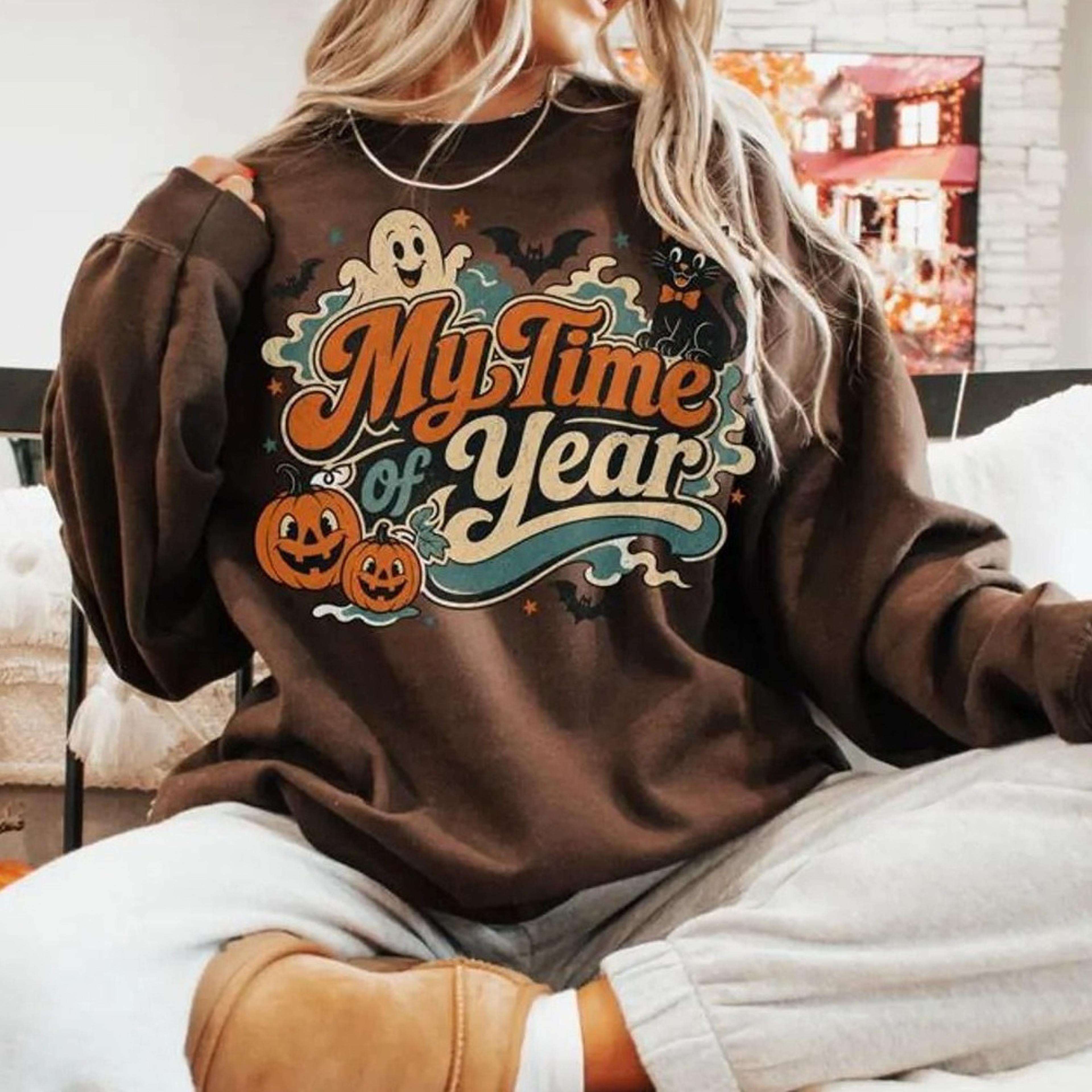 my time of year halloween sweatshirt, vintage ghost pumpkin crewneck, retro black cat halloween sweatshirt
