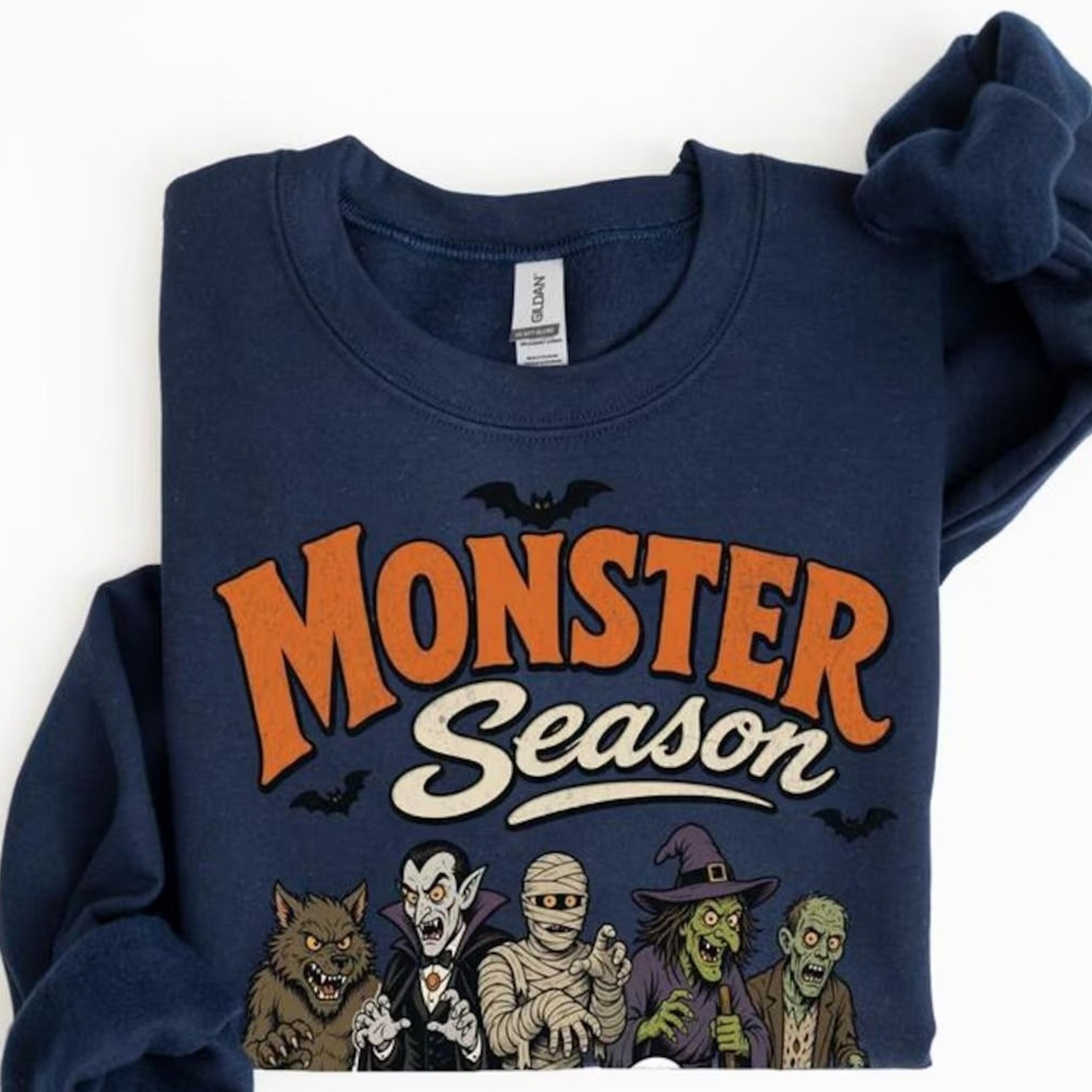 monster season sweatshirt, retro 90s halloween crewneck, cute spooky monsters pullover, retro cartoon monster sweatshirt