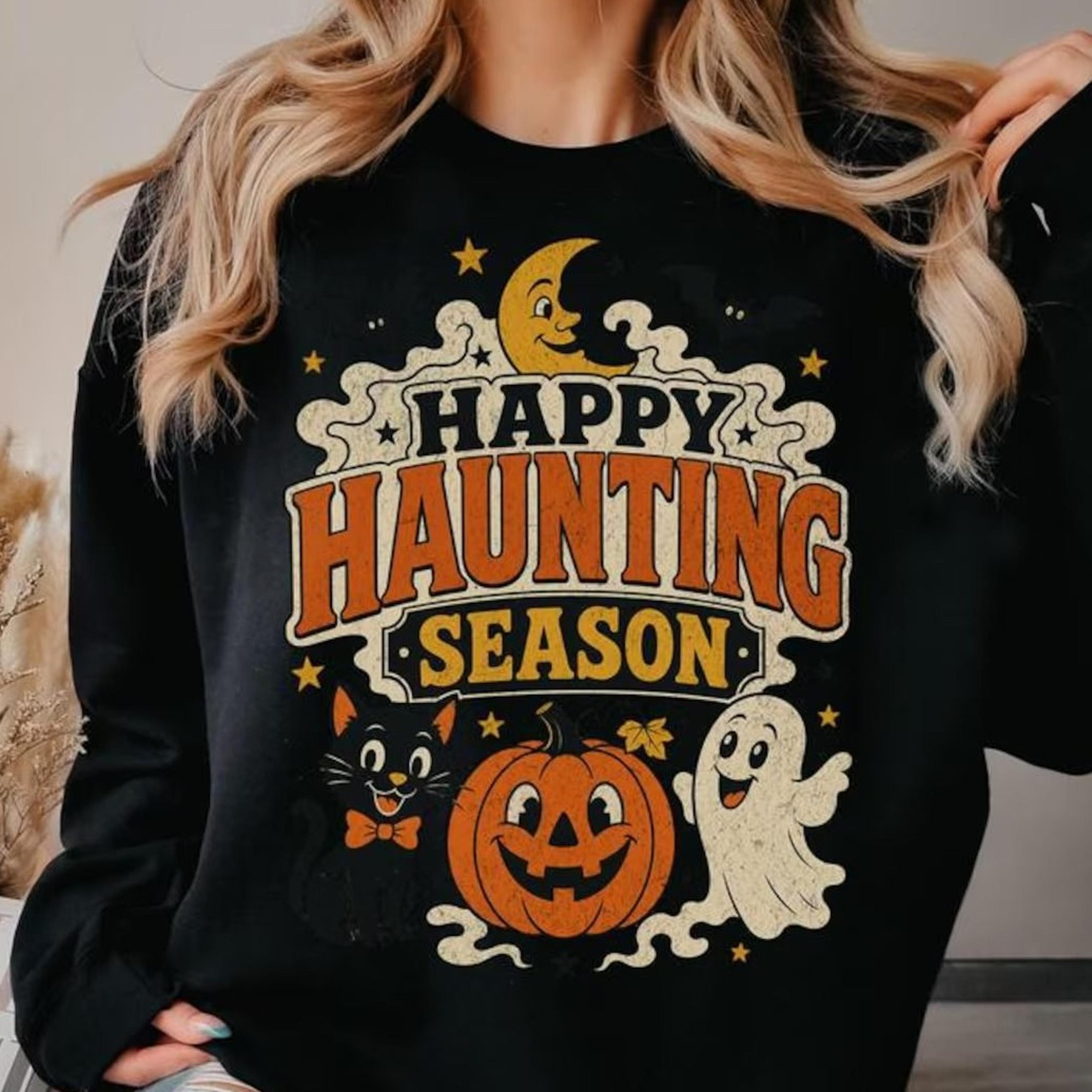 happy haunting season sweatshirt, vintage halloween crewneck, retro ghost pumpkin pullover, cute spooky fall sweatshirt