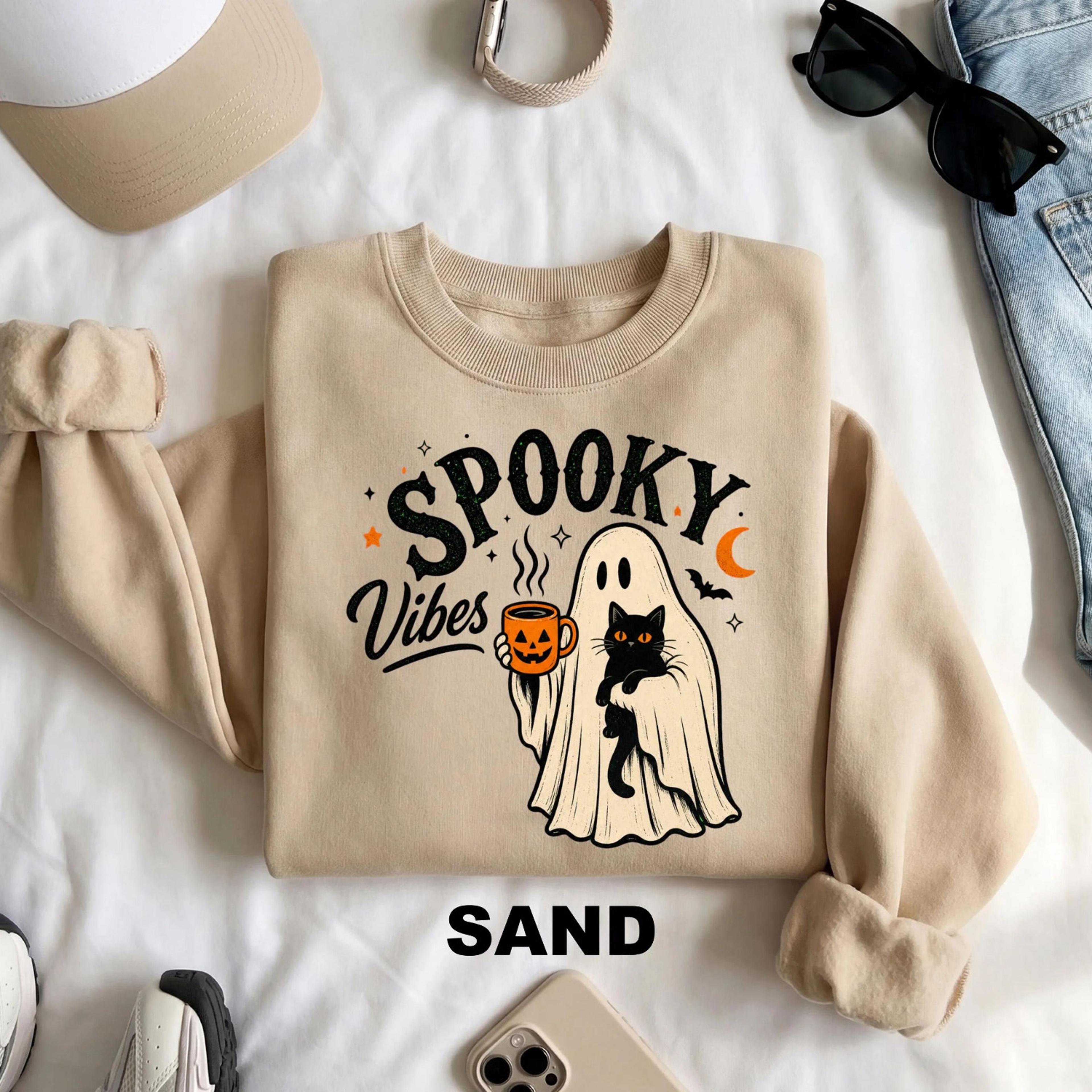spooky vibes shirt ghost cat black cat retro halloween graphic tee