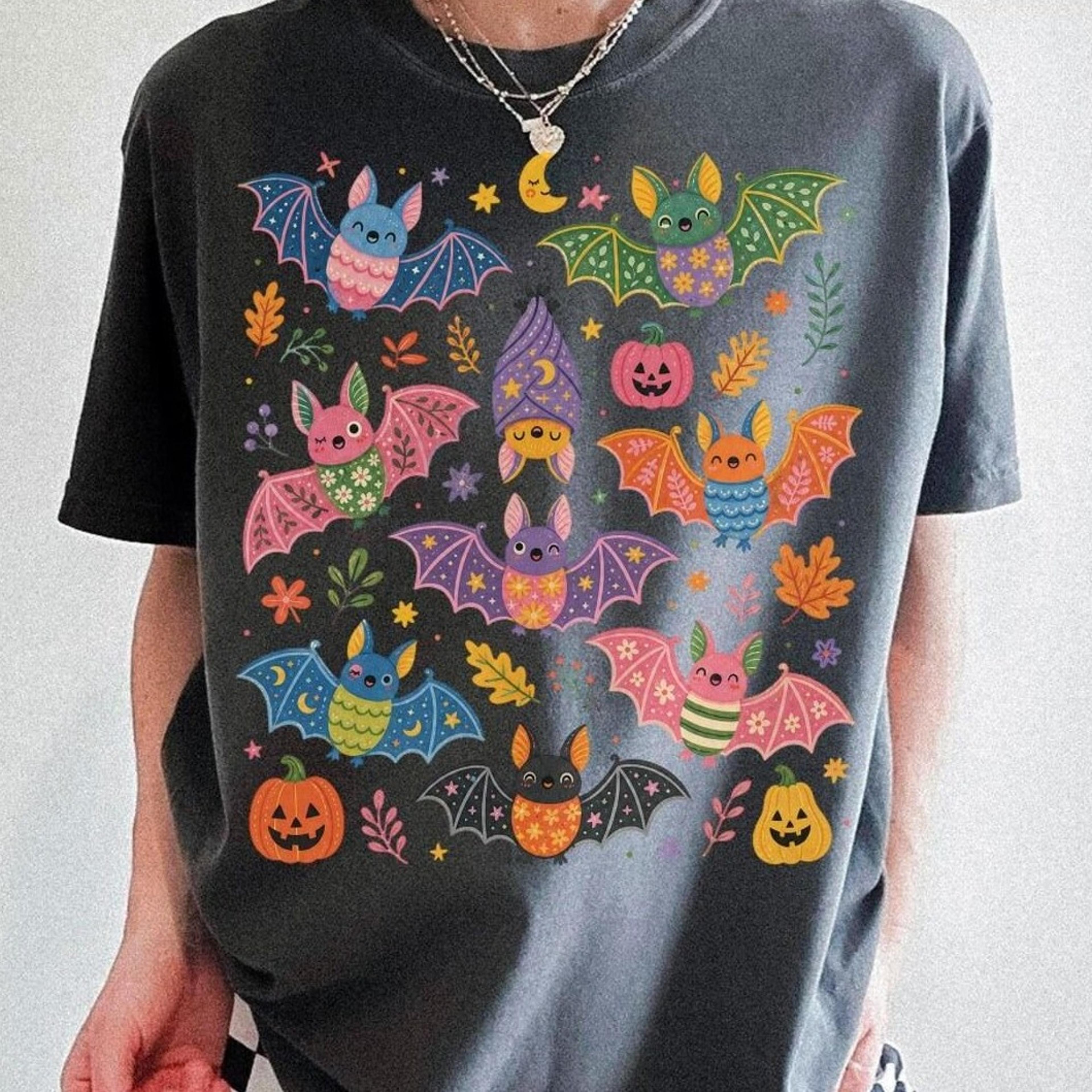 cute spooky bat halloween shirt, folk art bat graphic tee, colorful whimsical bat t-shirt, halloween