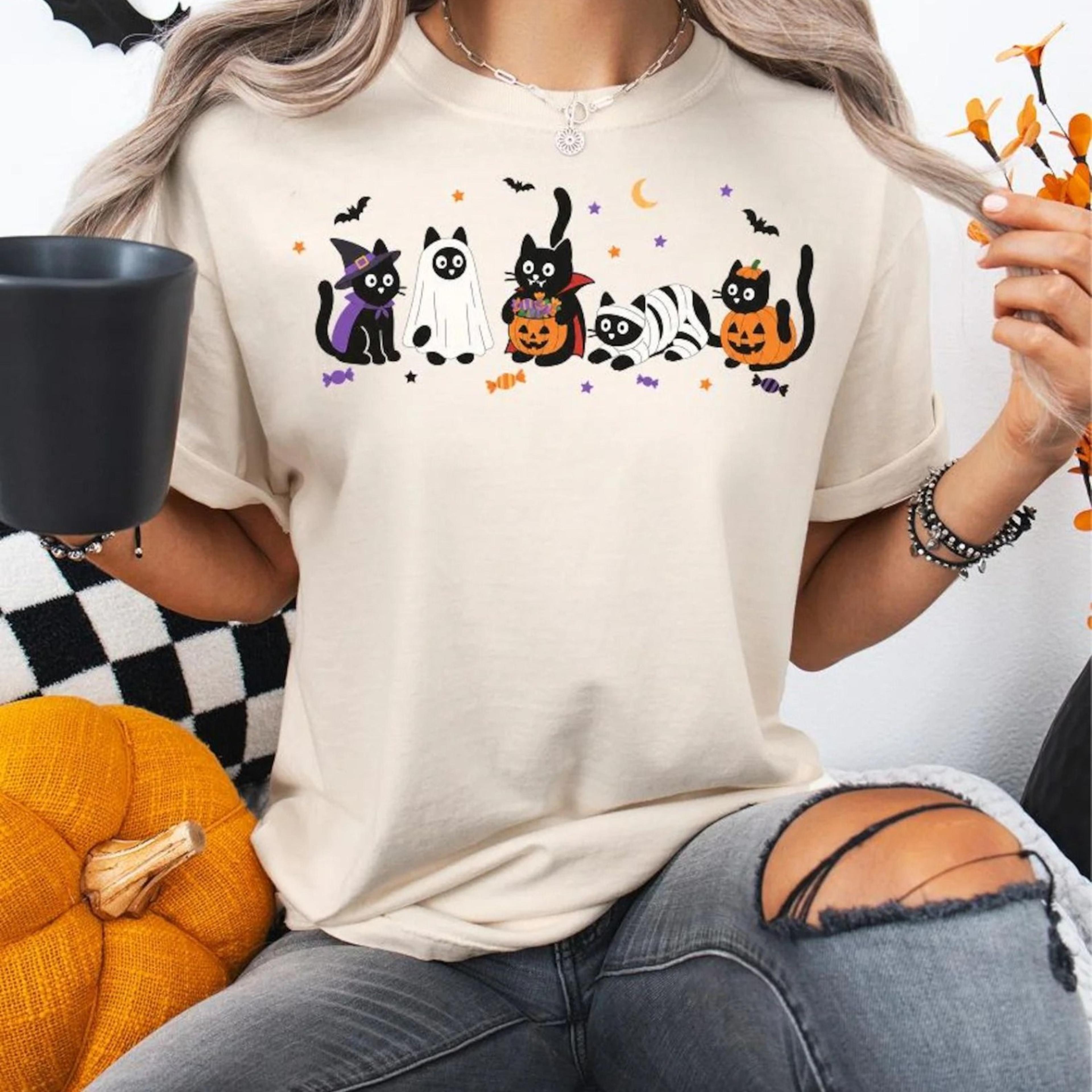 halloween black cat shirt, funny spooky cat t-shirt, witch cat graphic tee, cat mom halloween shirt