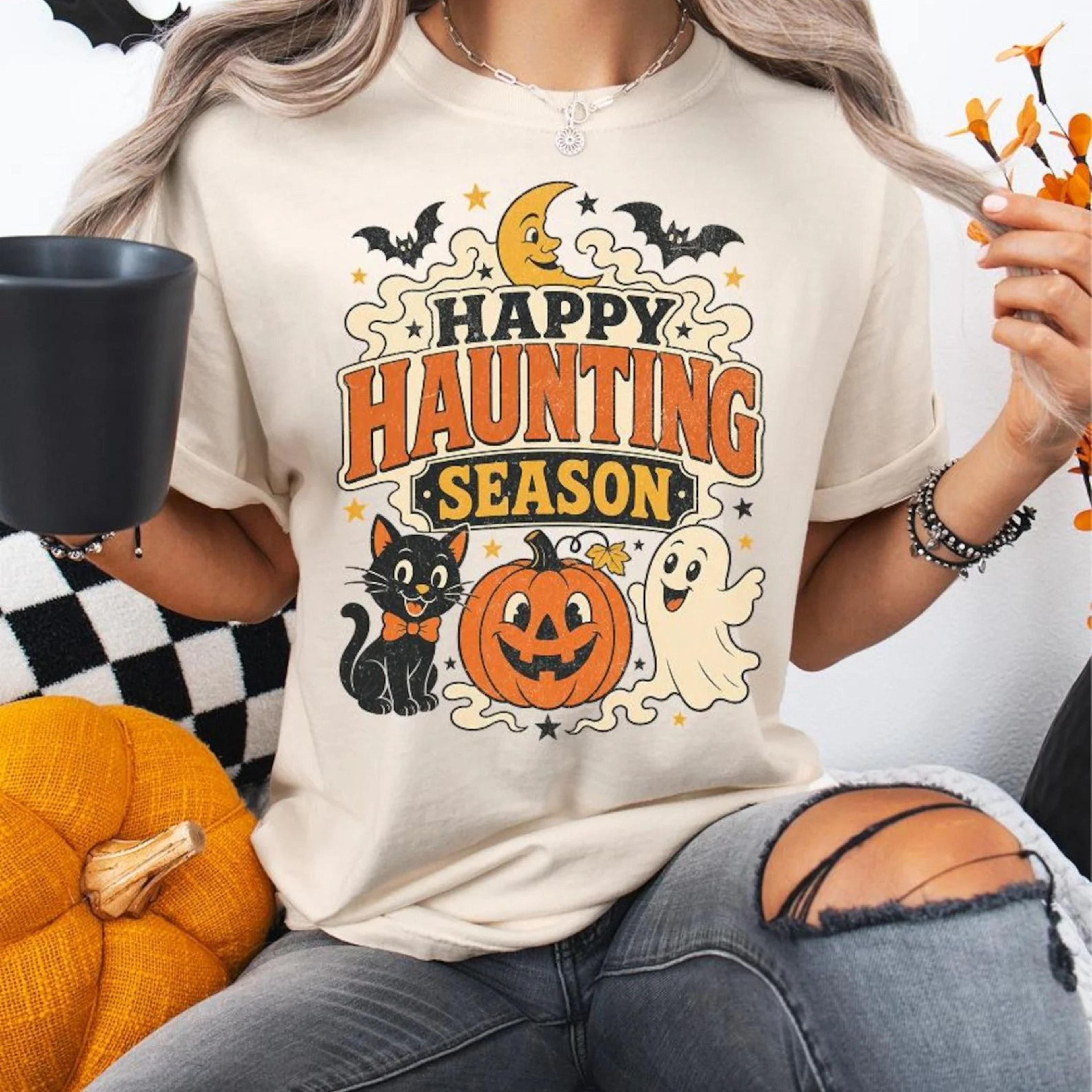 happy haunting season retro halloween t-shirt, retro spooky cat graphic tee, ghost pumpkin