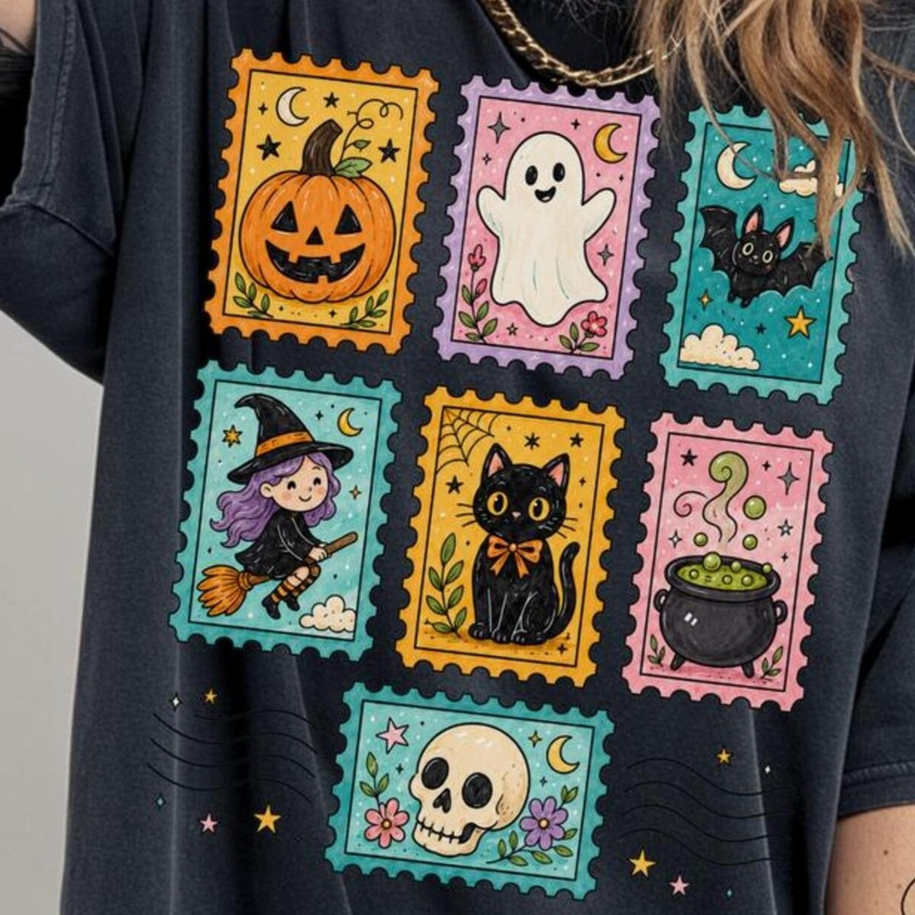 postage stamp halloween t-shirt, cute spooky witch cat ghost tee,