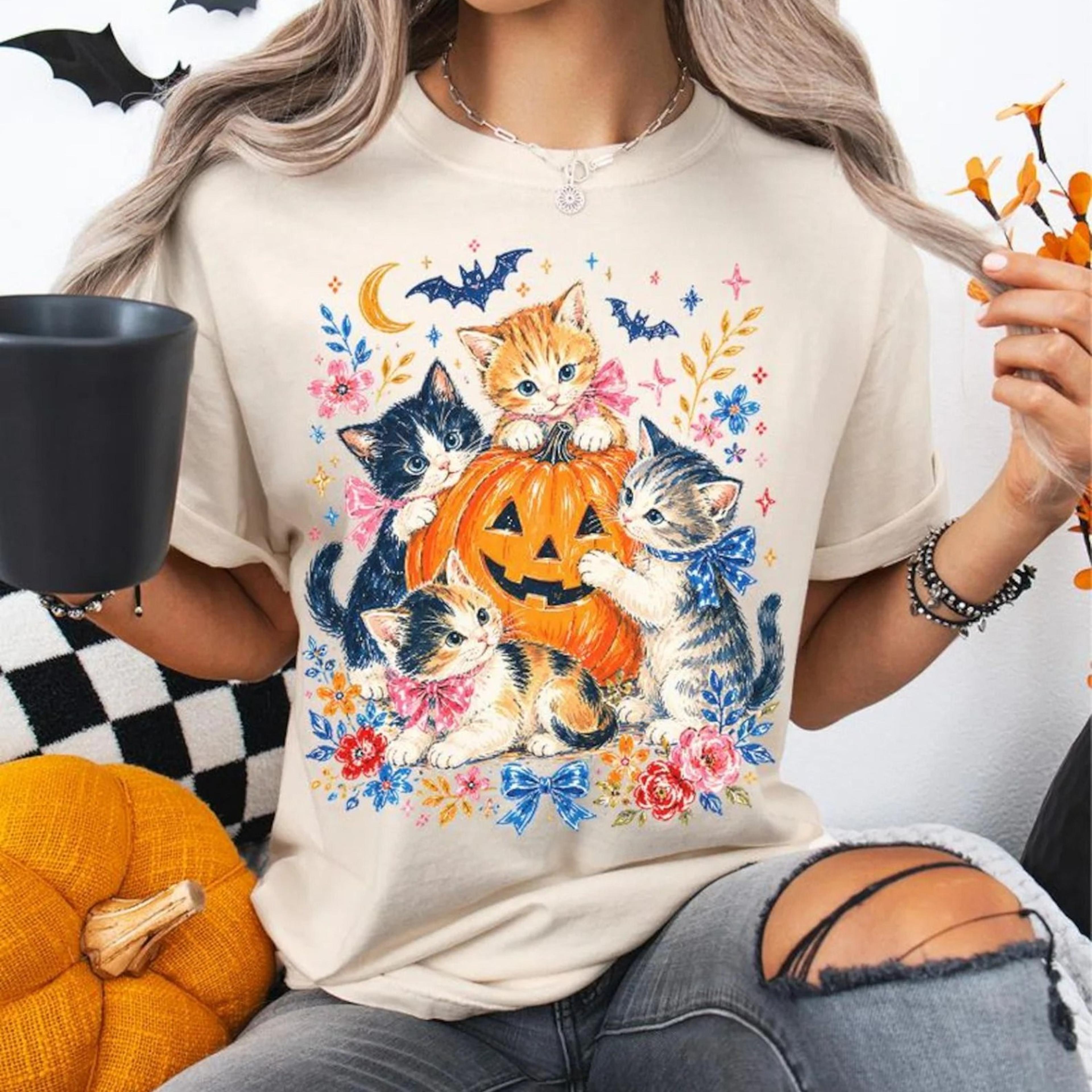 halloween cat t-shirt, pumpkin jack o lantern graphic tee