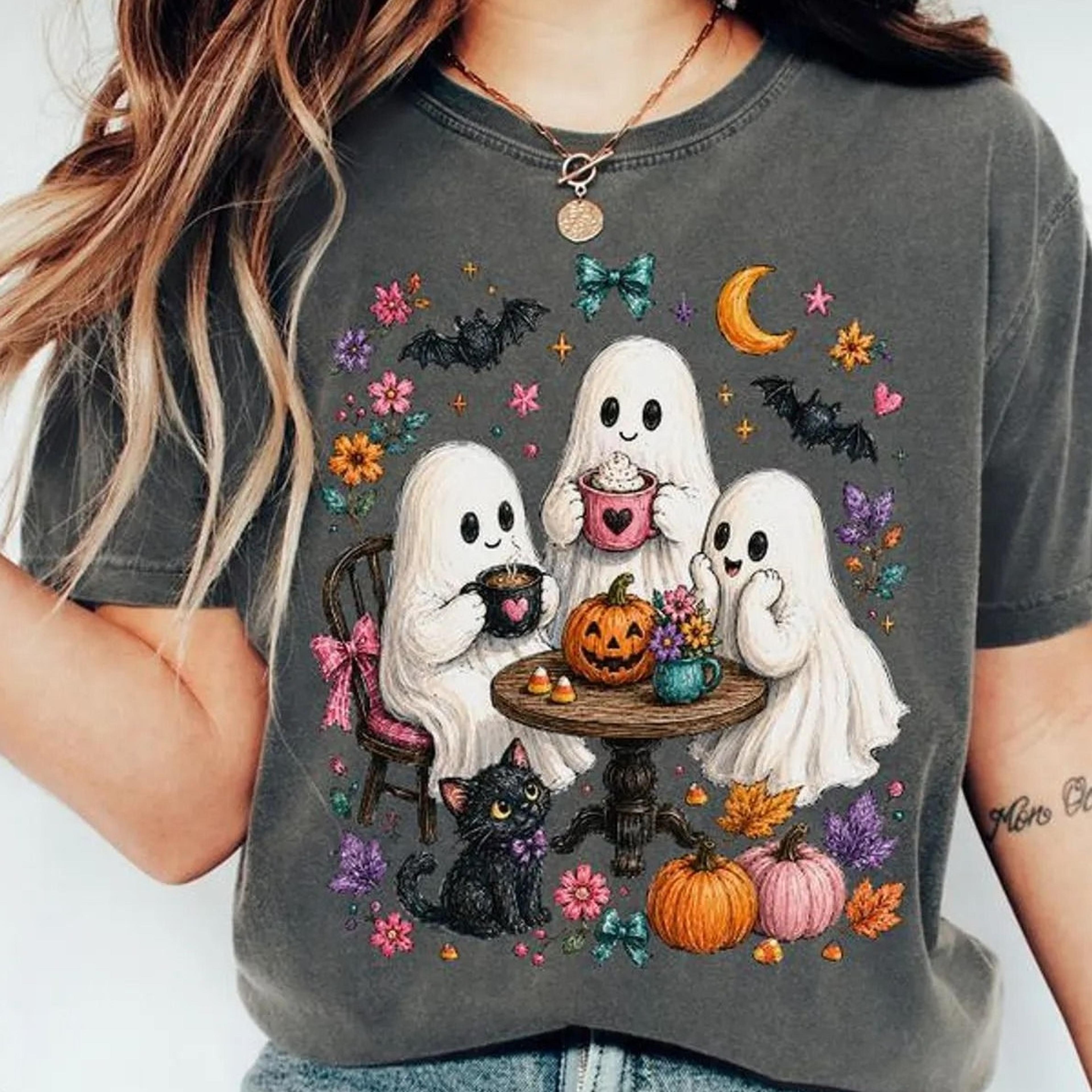 halloween ghost t-shirt, cute spooky graphic tee, fall autumn witchy woman shirt, cat lover coffee tee