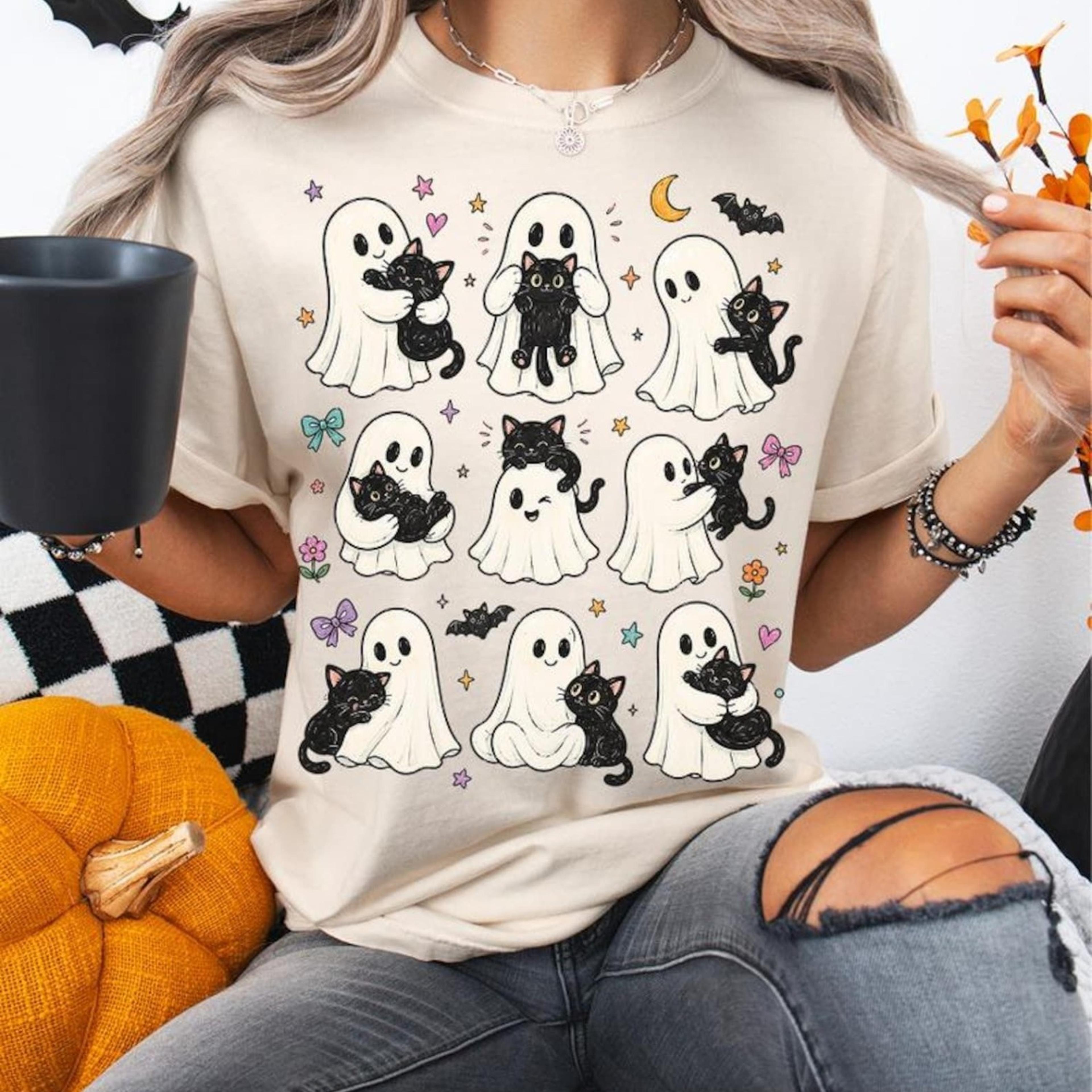 cute ghost cat halloween shirt, black cat graphic tee, spooky season cute tee