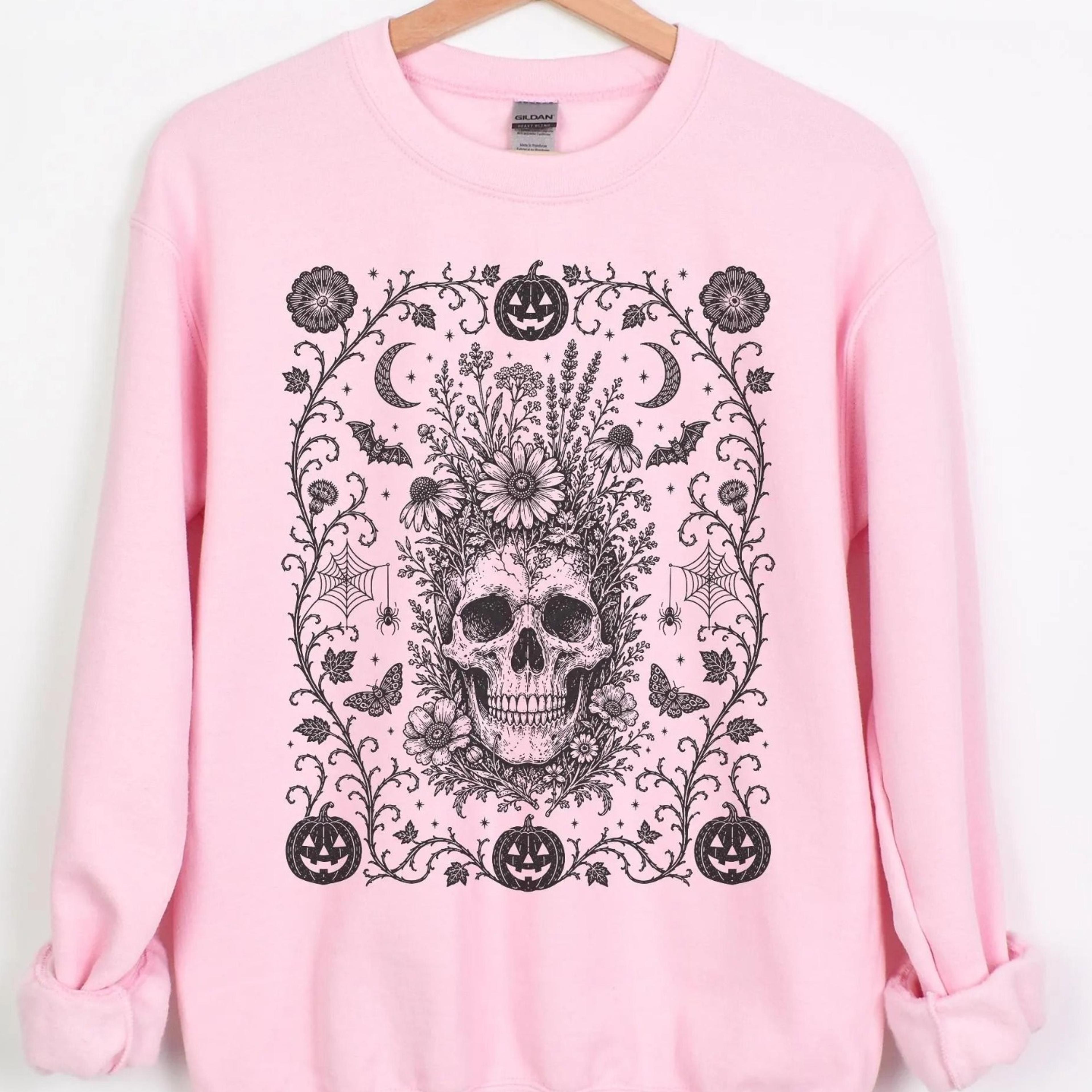 dark gothic floral skull halloween shirt, dark academia skull, botanical skull halloween gift, halloween sweatshirt