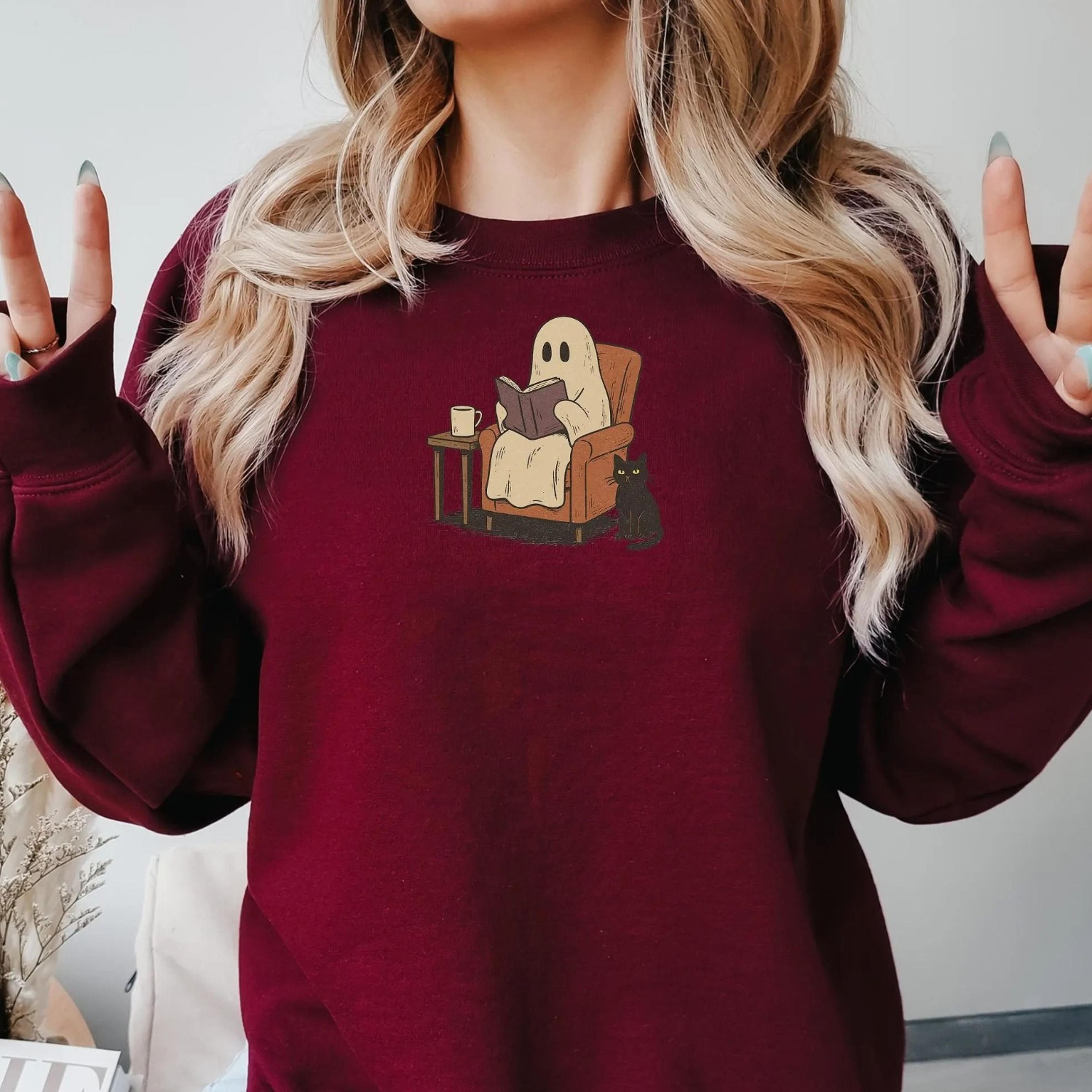 halloween ghost reading book sweatshirt, cozy season crewneck, bookish halloween , halloween reader gift, book club,