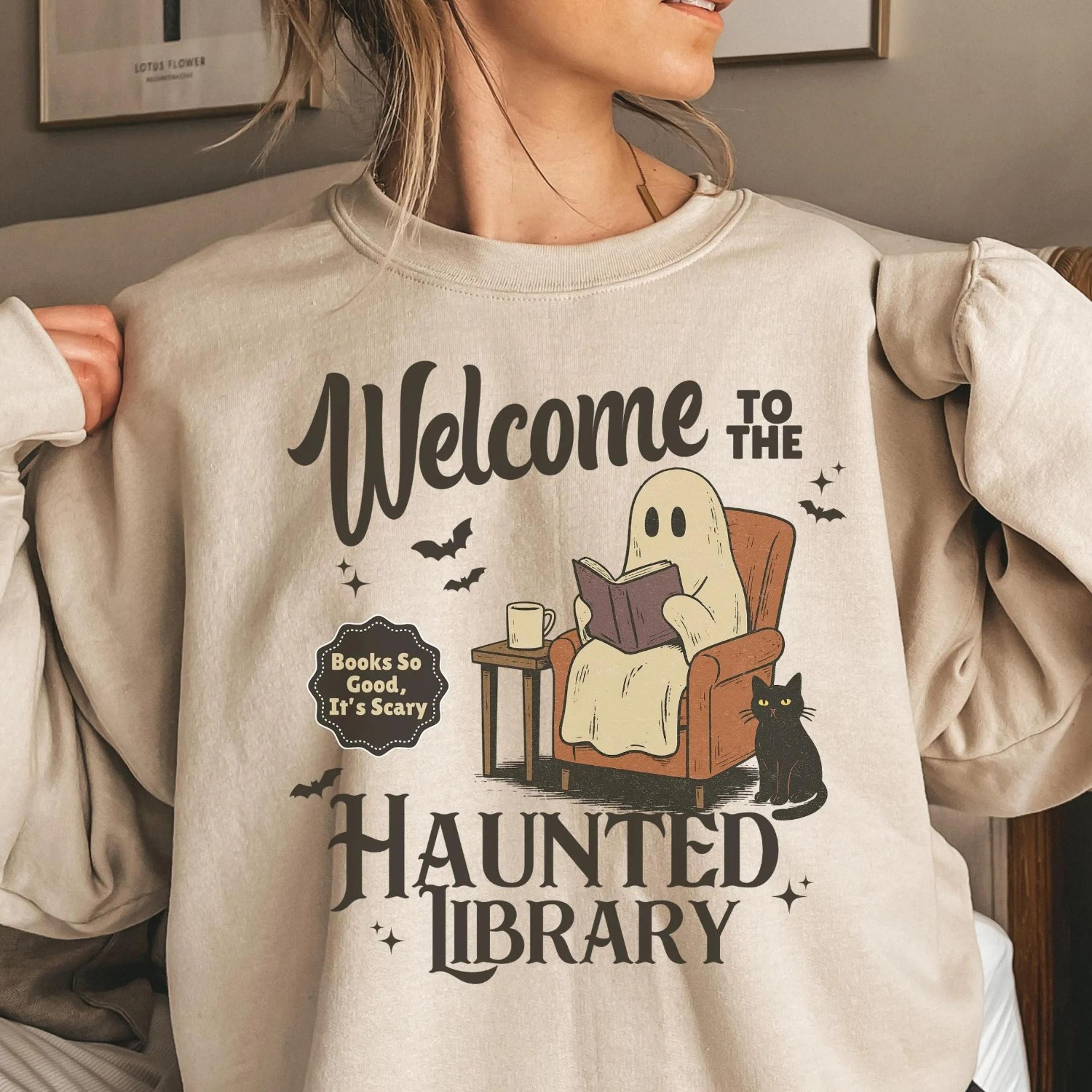 halloween ghost reading book sweatshirt, haunted library sweatshirt, bookish halloween crewneck, halloween reader gift,