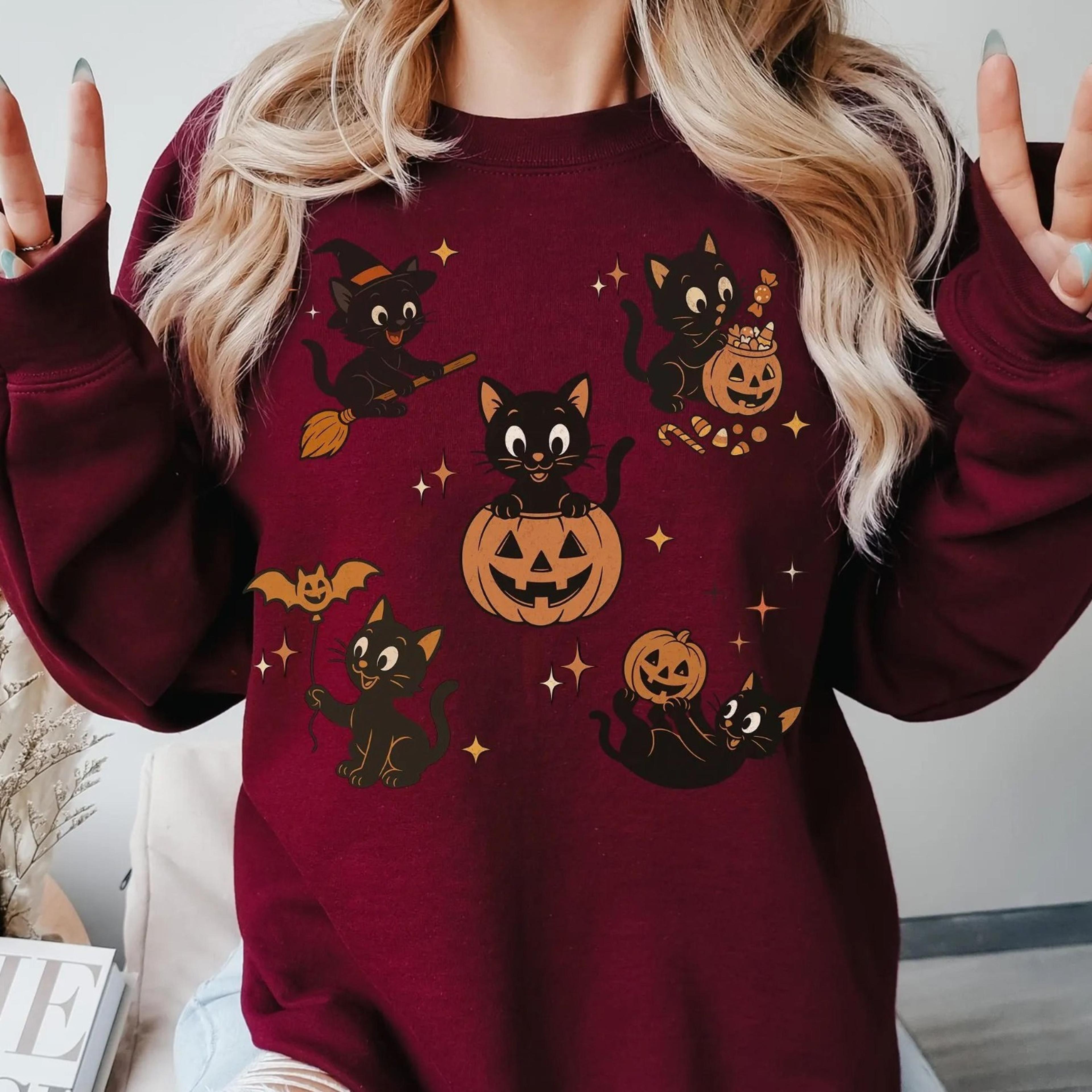 90s cat halloween sweatshirt retro halloween sweatshirt, spooky season crewneck, pumpkin shirt, cat lover gift, black c