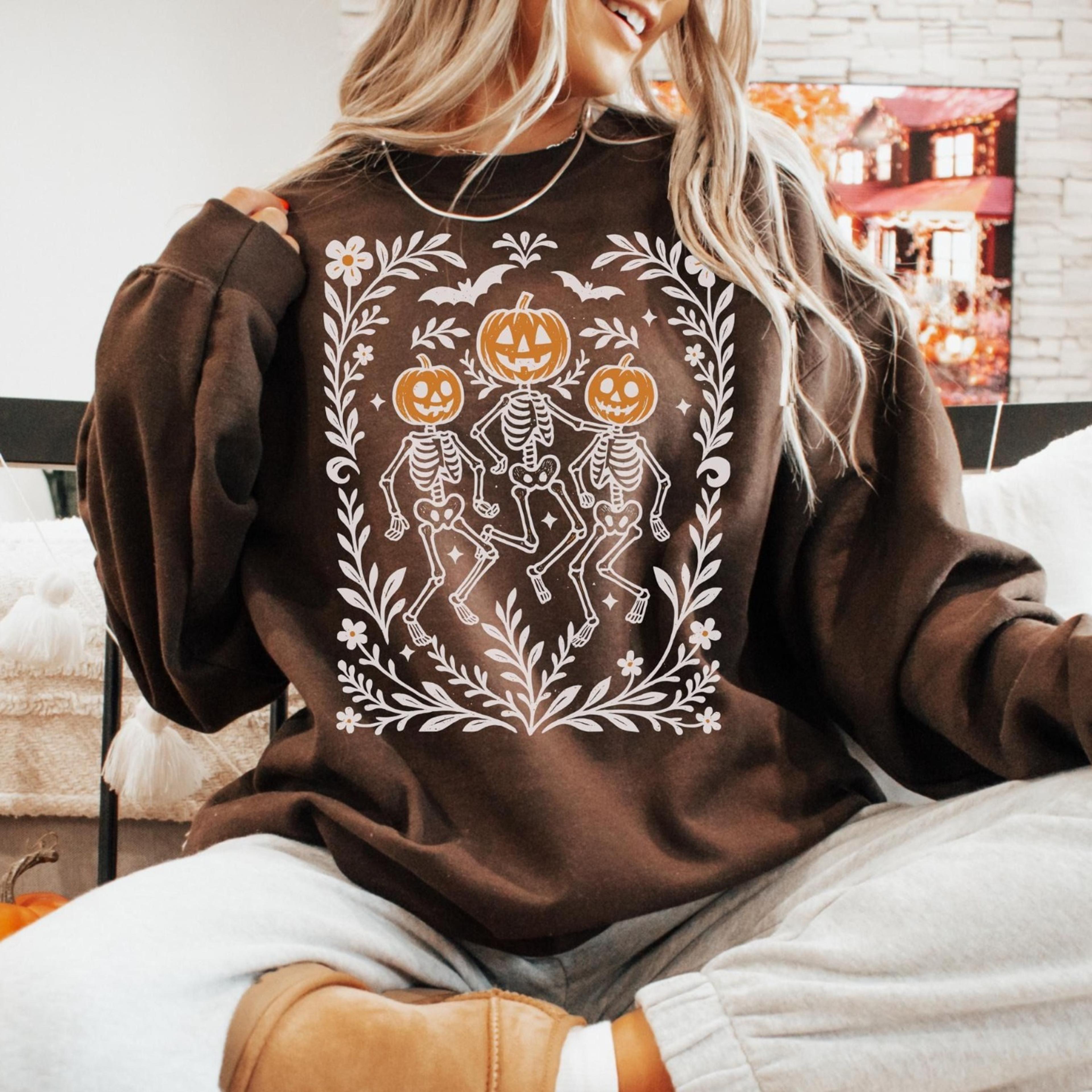 dancing halloween retro skeleton pumpkin sweatshirt, boho cottagecore, floral halloween, oversized crewneck, halloween p