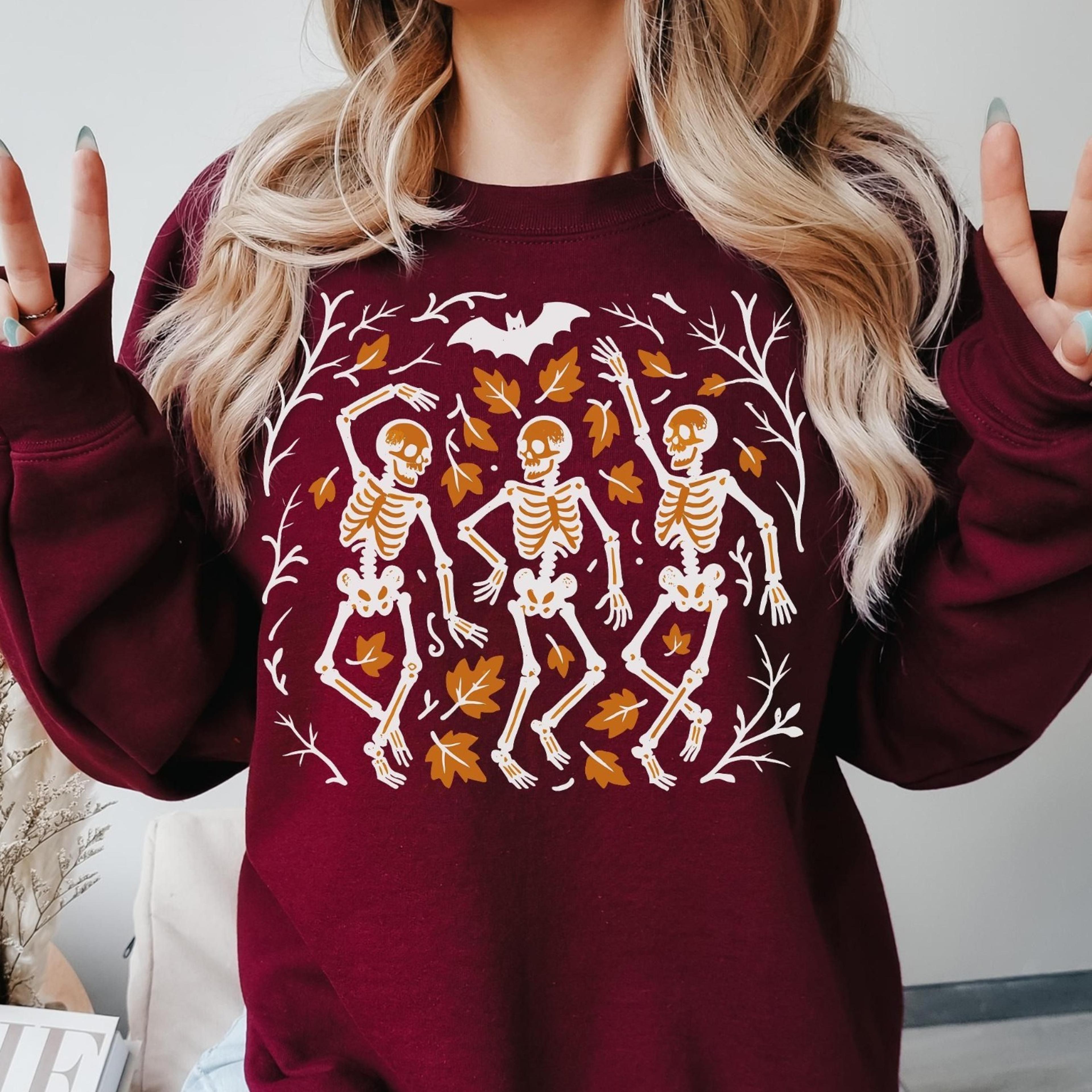 dancing halloween retro skeleton sweatshirt, boho cottagecore, floral halloween, oversized crewneck, halloween party, sp