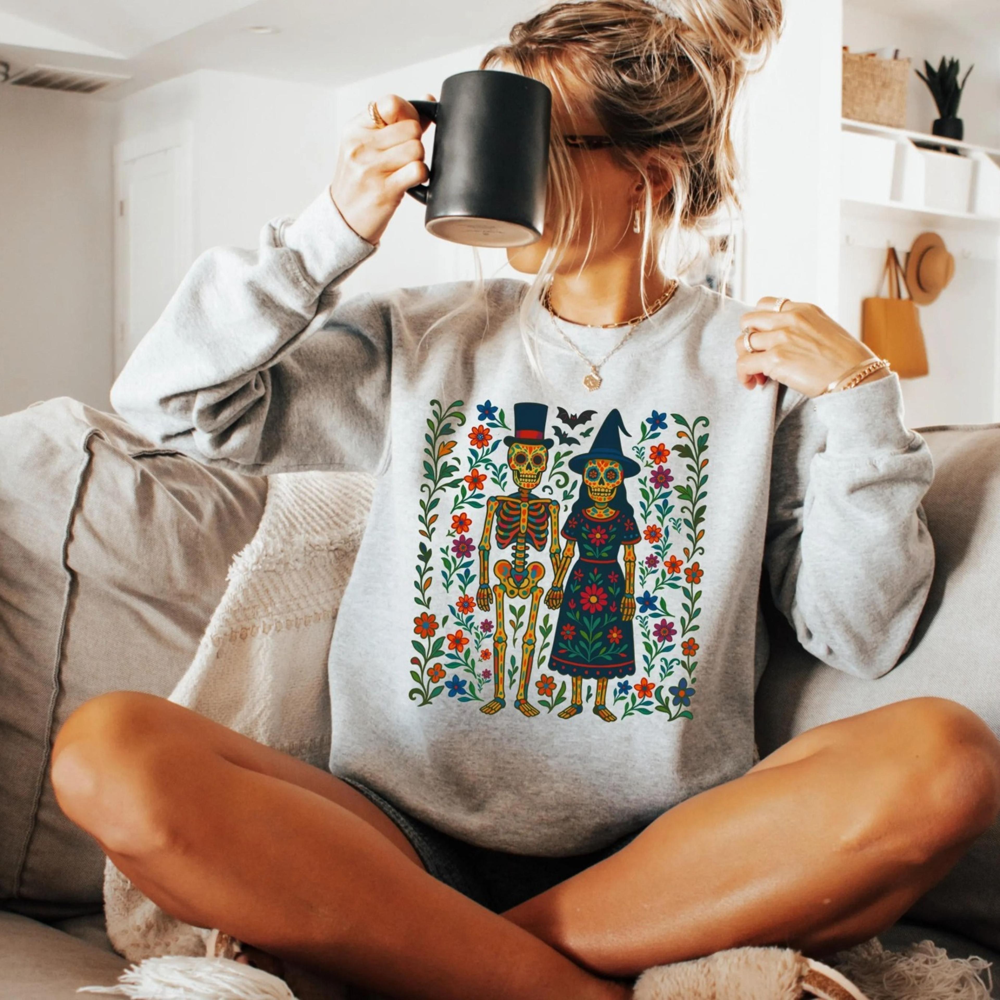 halloween skeleton couple sweatshirt, floral halloween, colorful halloween pullover, oversized, retro vintage halloween