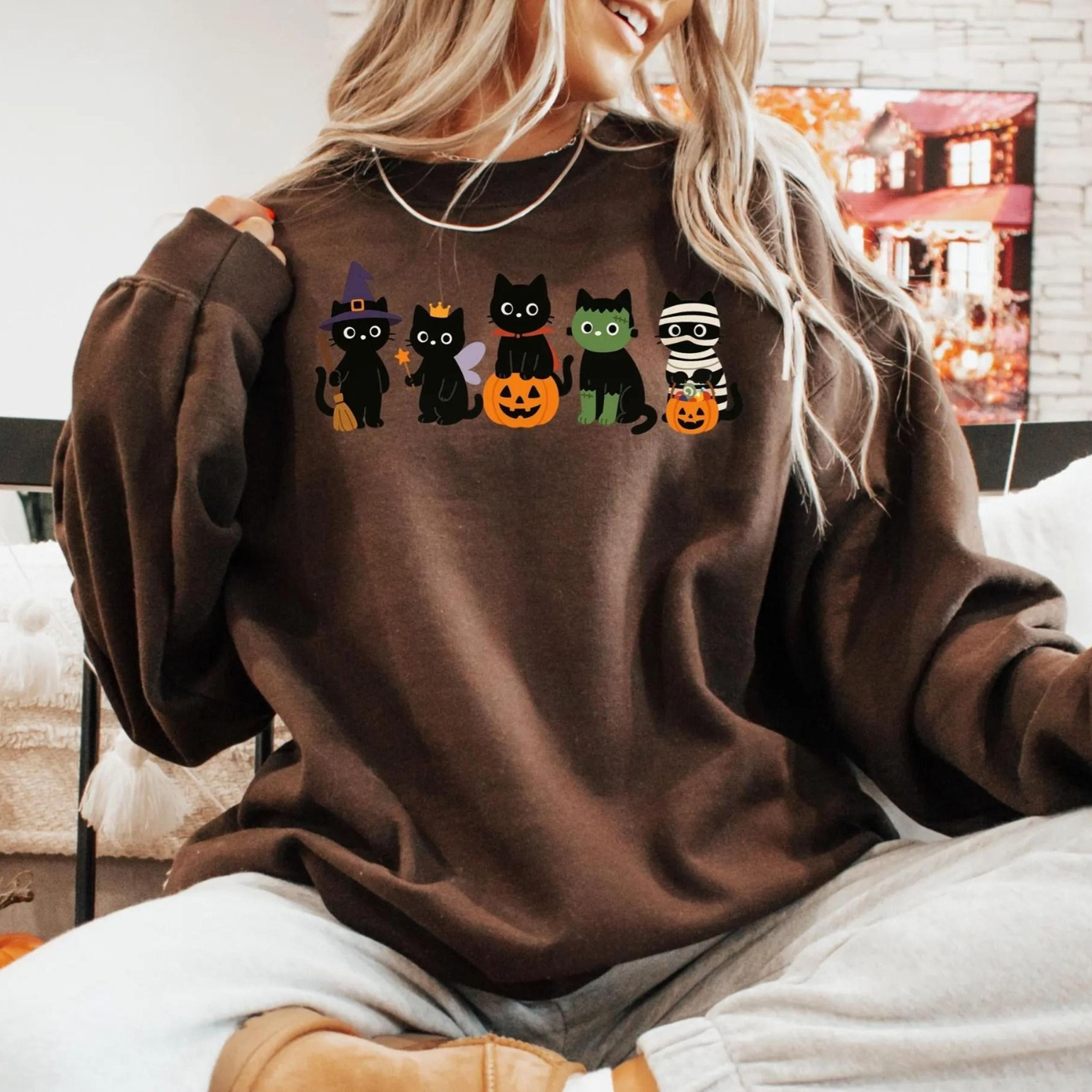 halloween black cat sweatshirt, cute cat lover halloween, spooky season cat, halloween cute women outfit, halloween gift