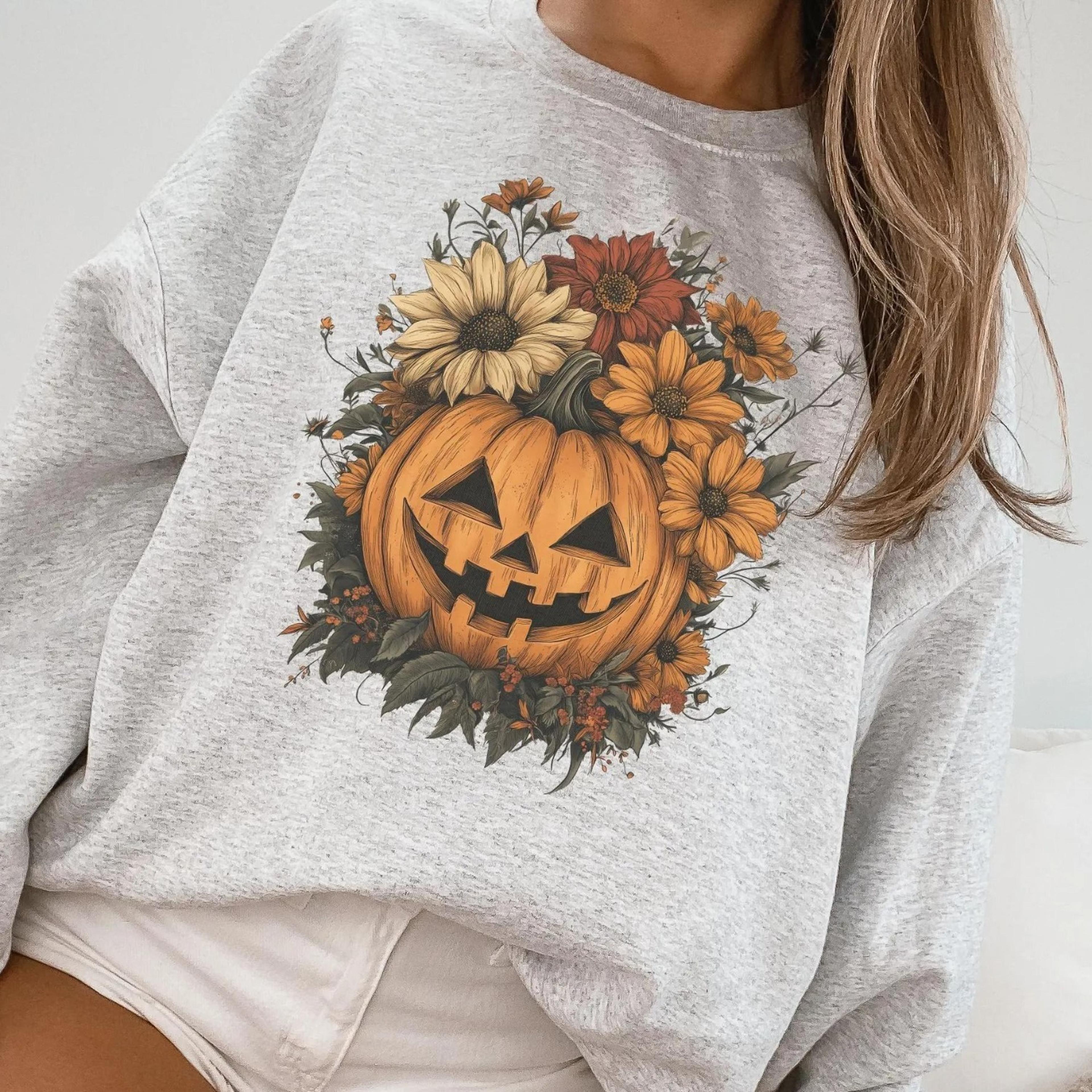 halloween pumpkin sweatshirt, retro halloween crewneck, spooky season, jack o lantern, flowers, fall floral sweatshirt,
