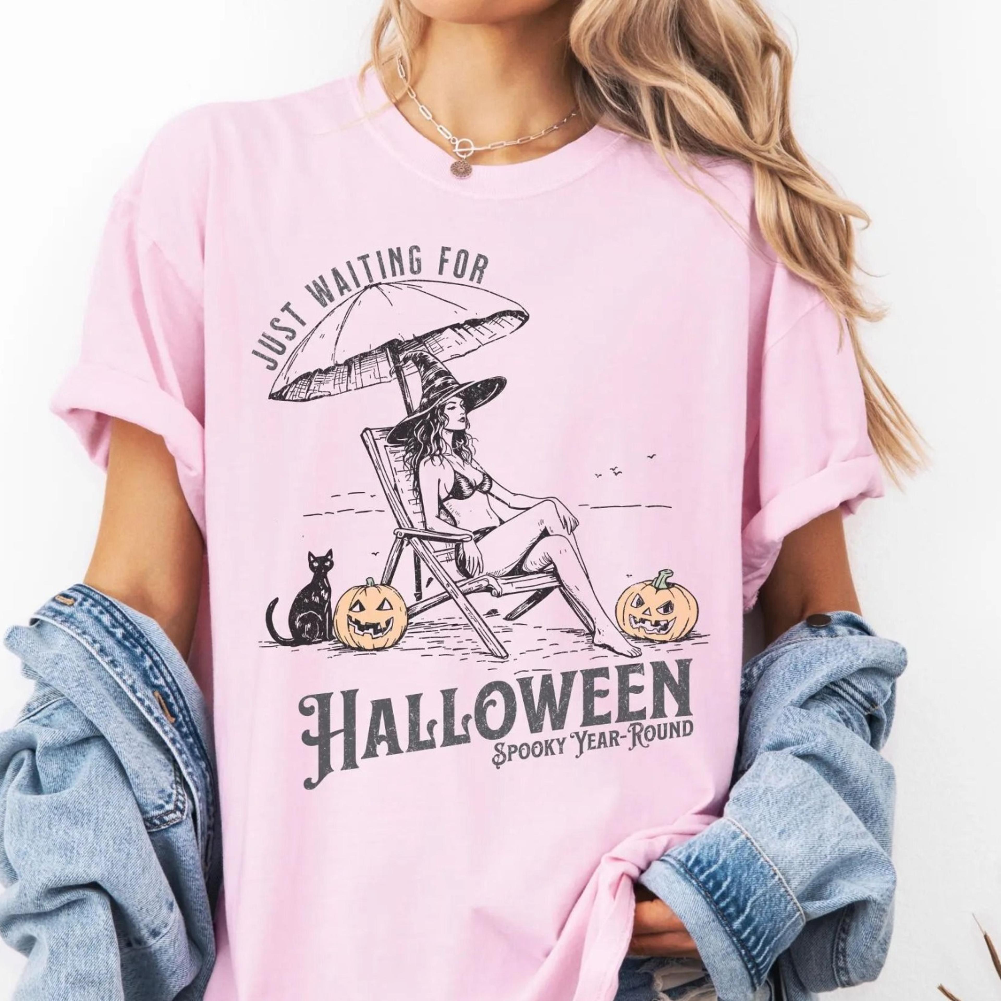 summer halloween beach witch shirt, just waiting for halloween summer shirt, spooky summer tee, halloweener gift, vacati
