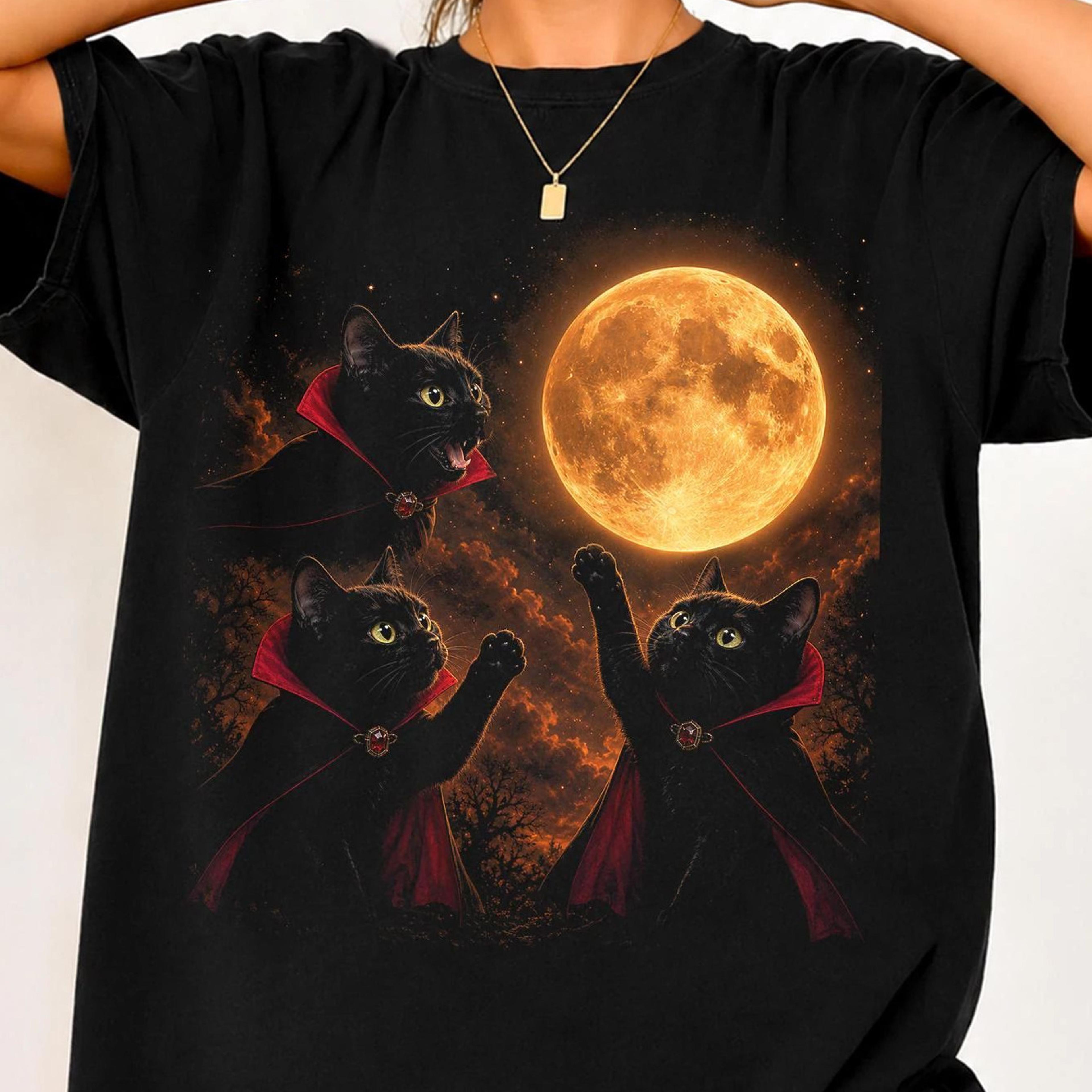black cat vampire comfort colors shirt, gothic halloween cat tee, moon cat t-shirt, spooky black cat graphic tee, cute