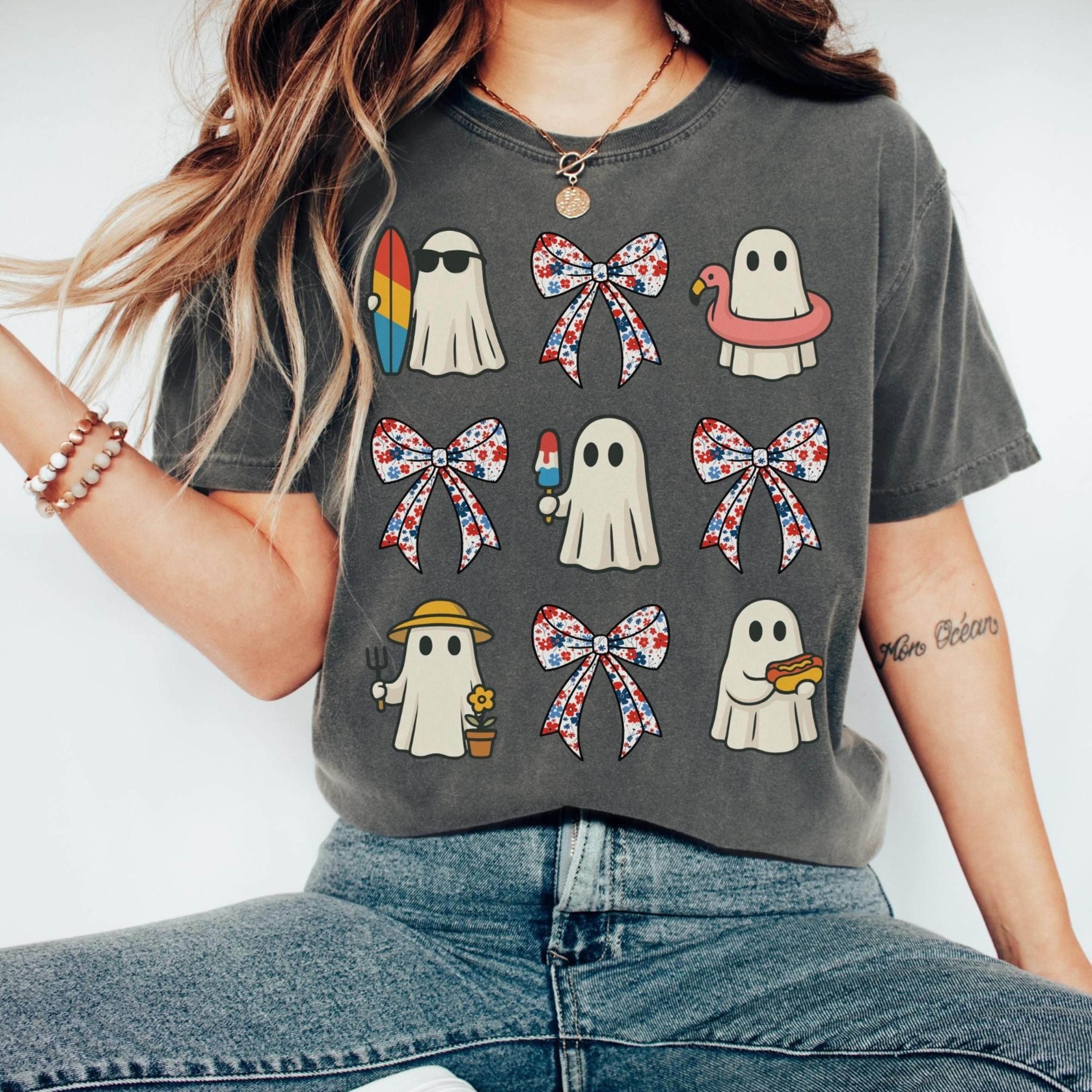 halloween summer bow shirt, ghost beach bow shirt, comfort colors halloween tshirts, spooky season, halloween summer, co