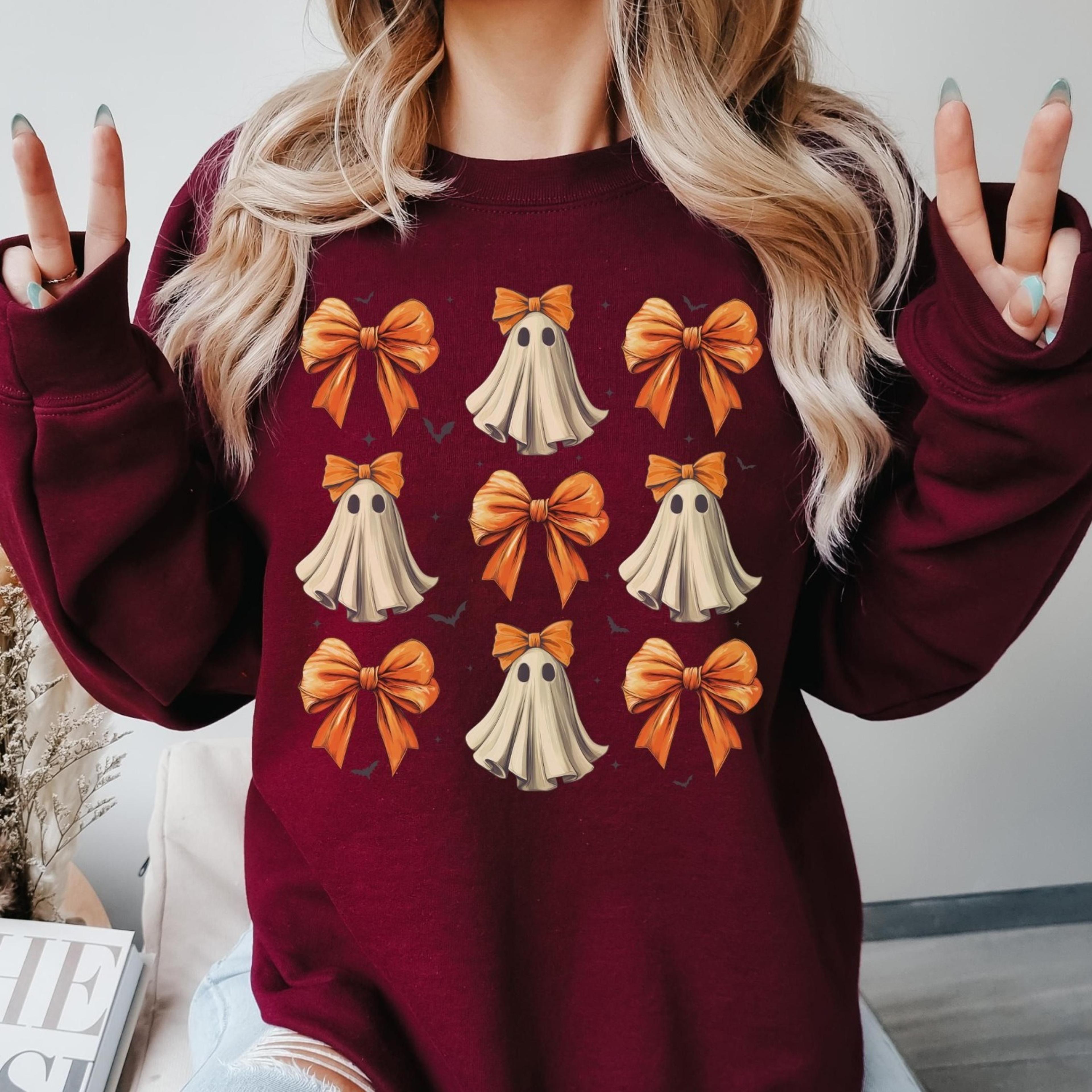 ghost bow coquette sweatshirt, halloween coquette orange bow, ghost halloween, spooky season, girly halloween crewneck,