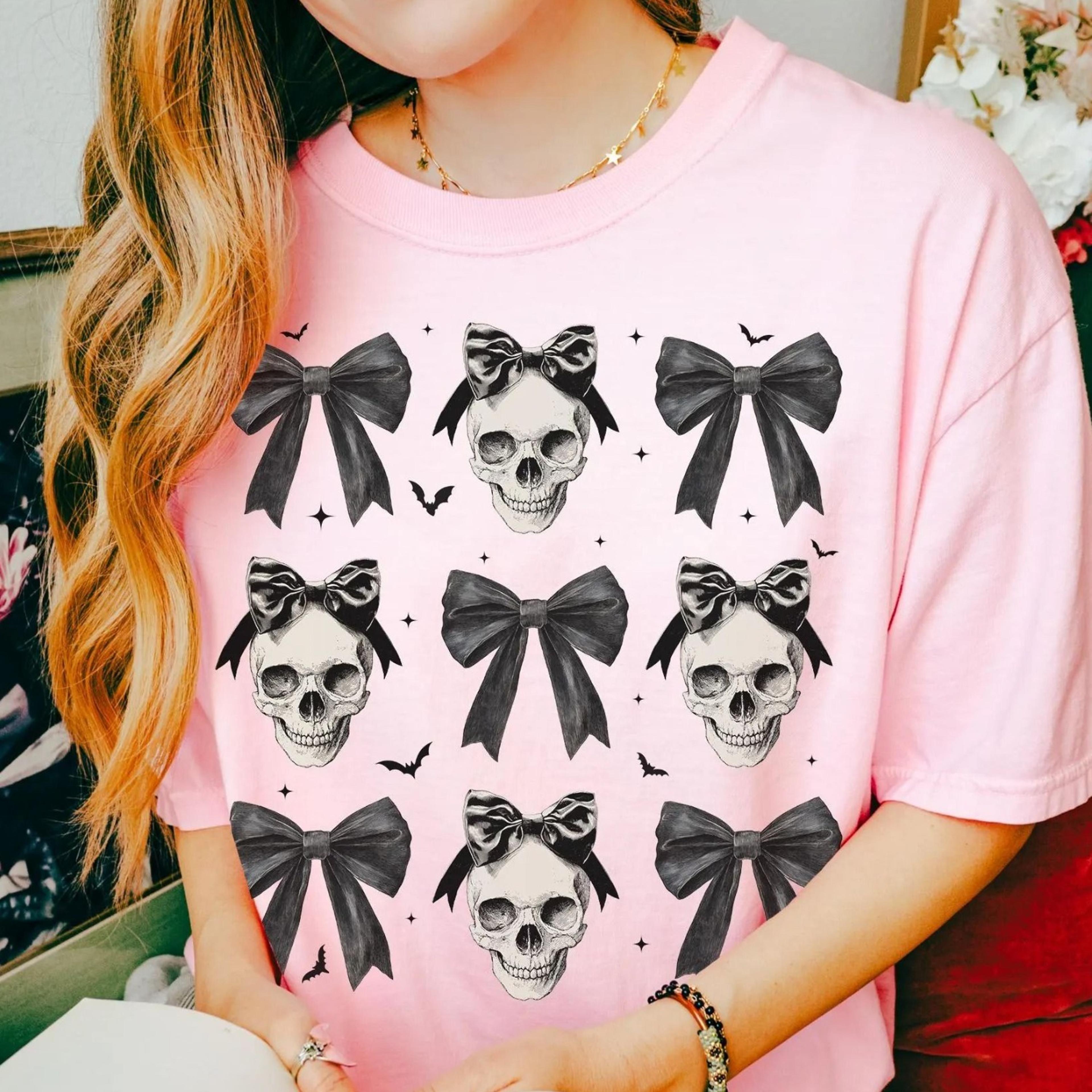 halloween skull bow shirt, halloween coquette shirt, halloween women's tee, hallowee