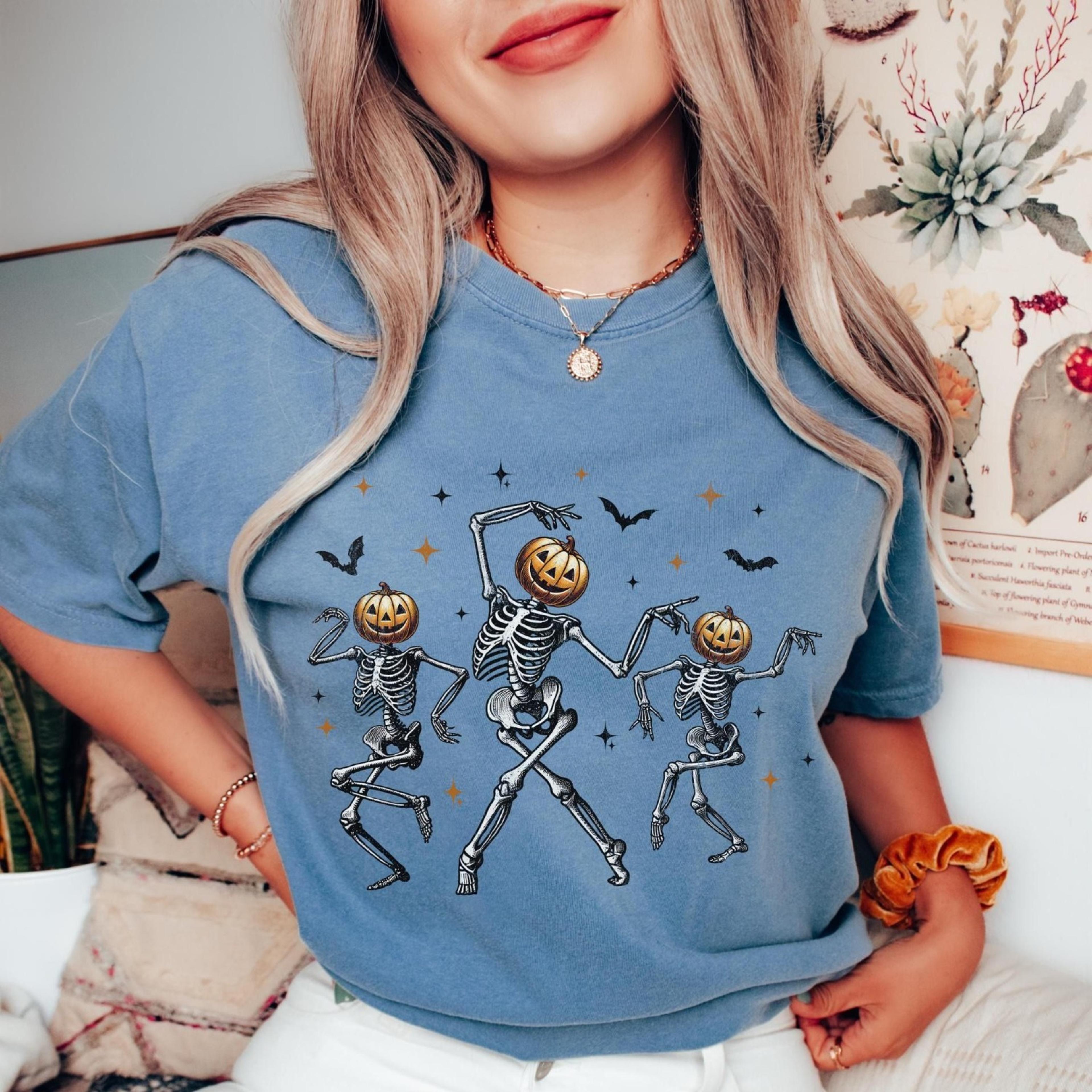 skeleton pumpkin shirt, retro halloween women's shirt, fall halloween party tshirt, spooky season skeleton tee, dancing
