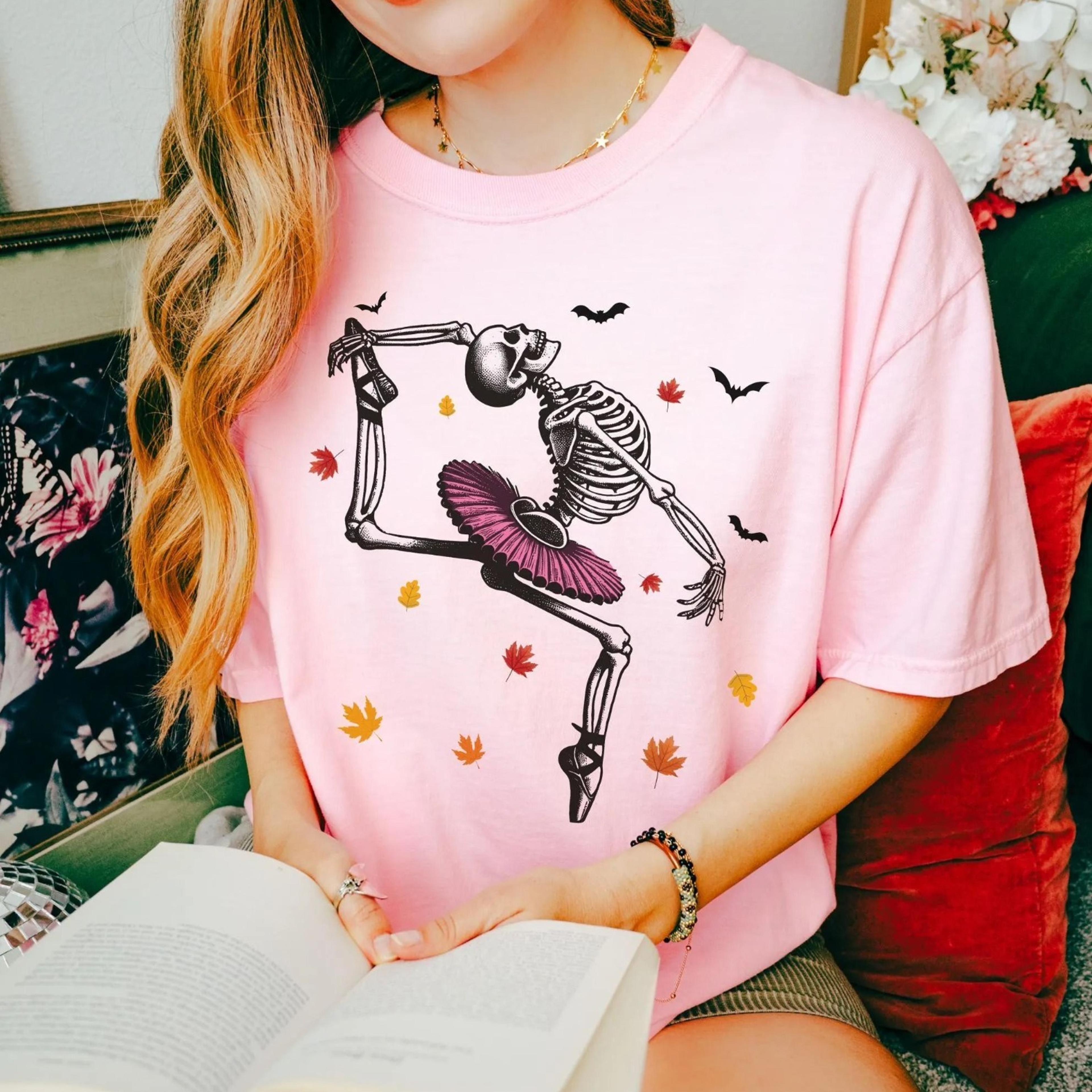 ballerina skeleton shirt, halloween dancing shirt, fall shirt, pumpkin shirt, retro halloween shirt, ballet skeleton,