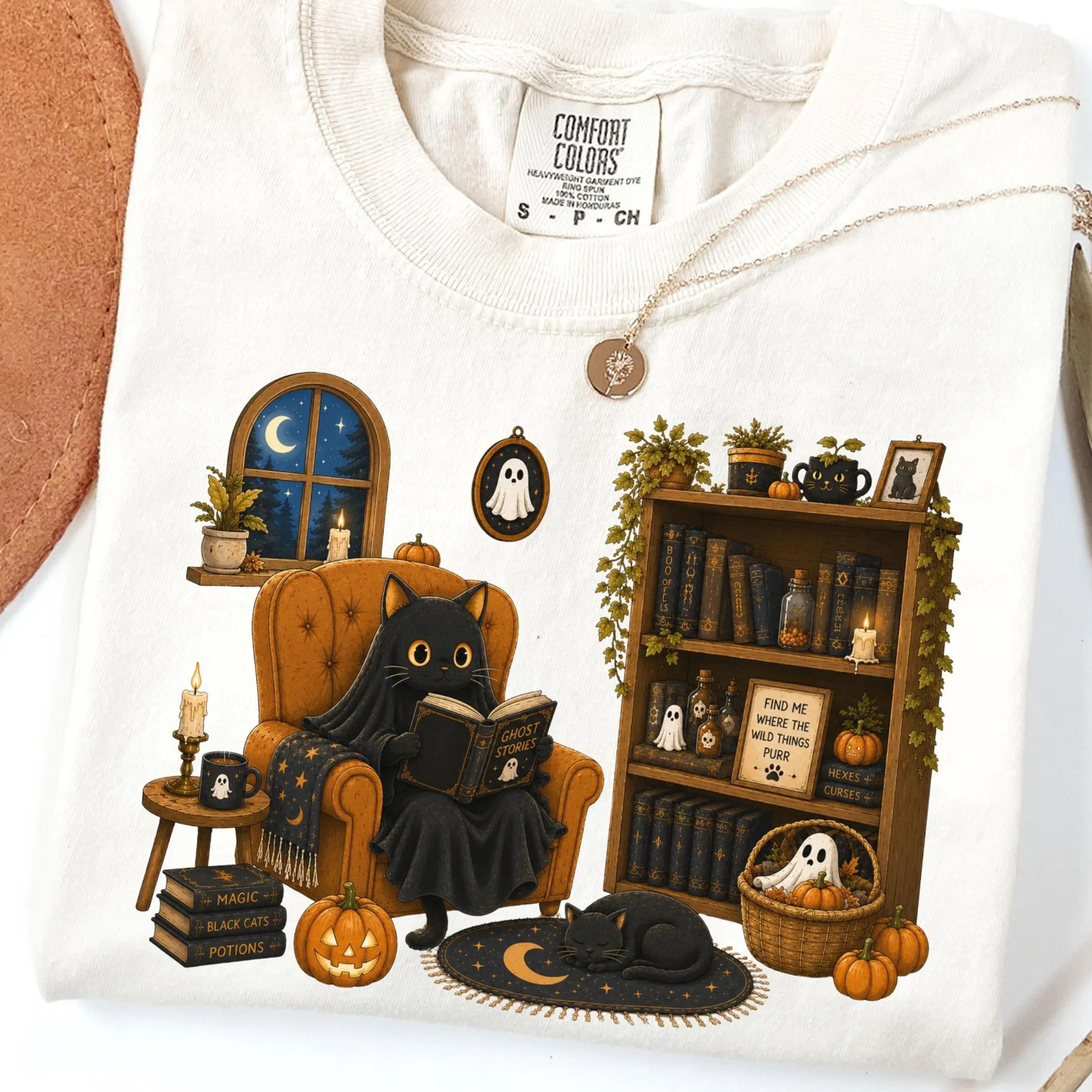 ghost cat shirt cozy halloween reading cat autumn book lover graphic tee